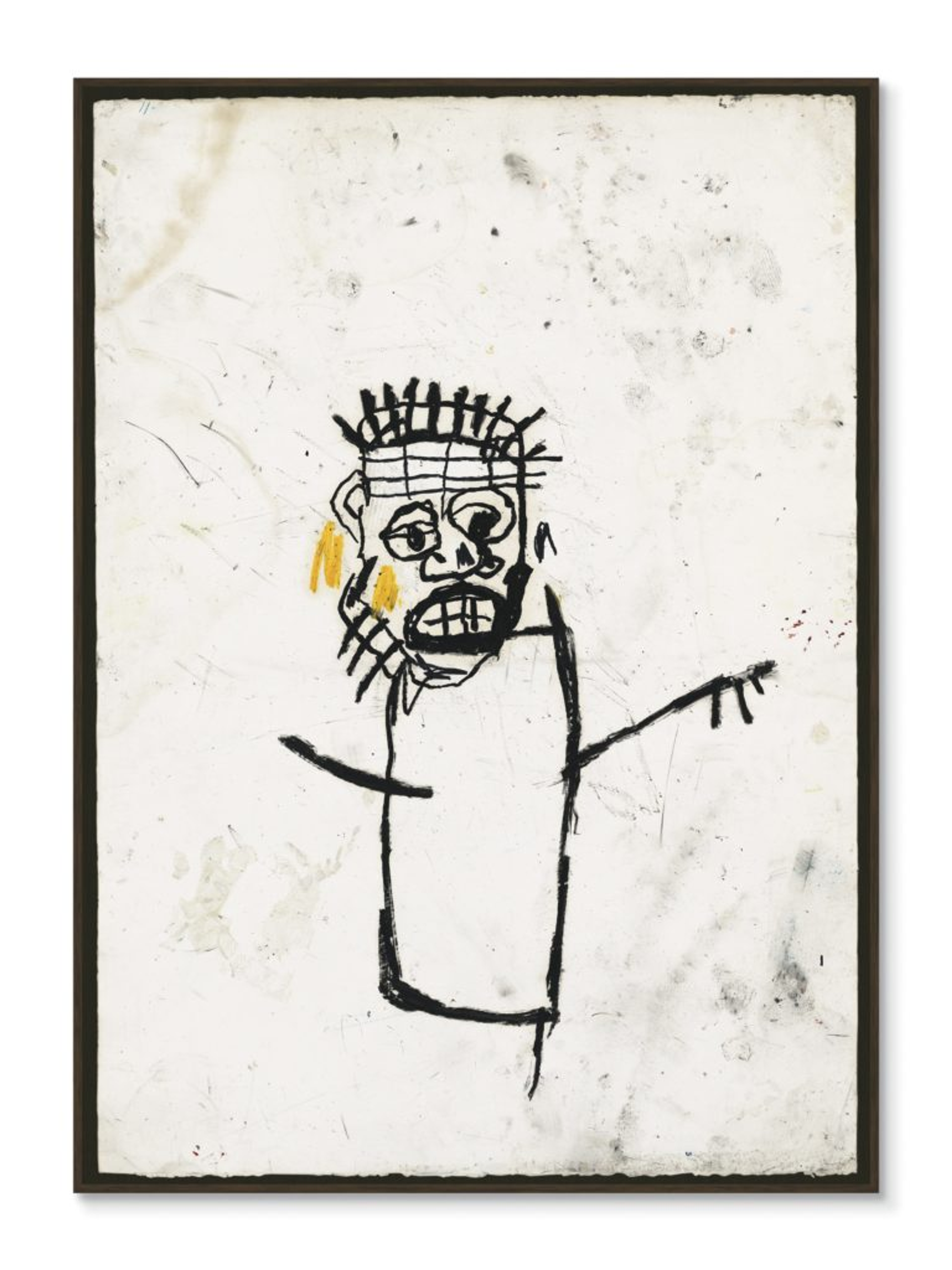 In Untitled (1982), Basquiat depicted the artist as a frail stick figure, with a tear in his eye. He is depicted simply, in basic black lines against a white background.