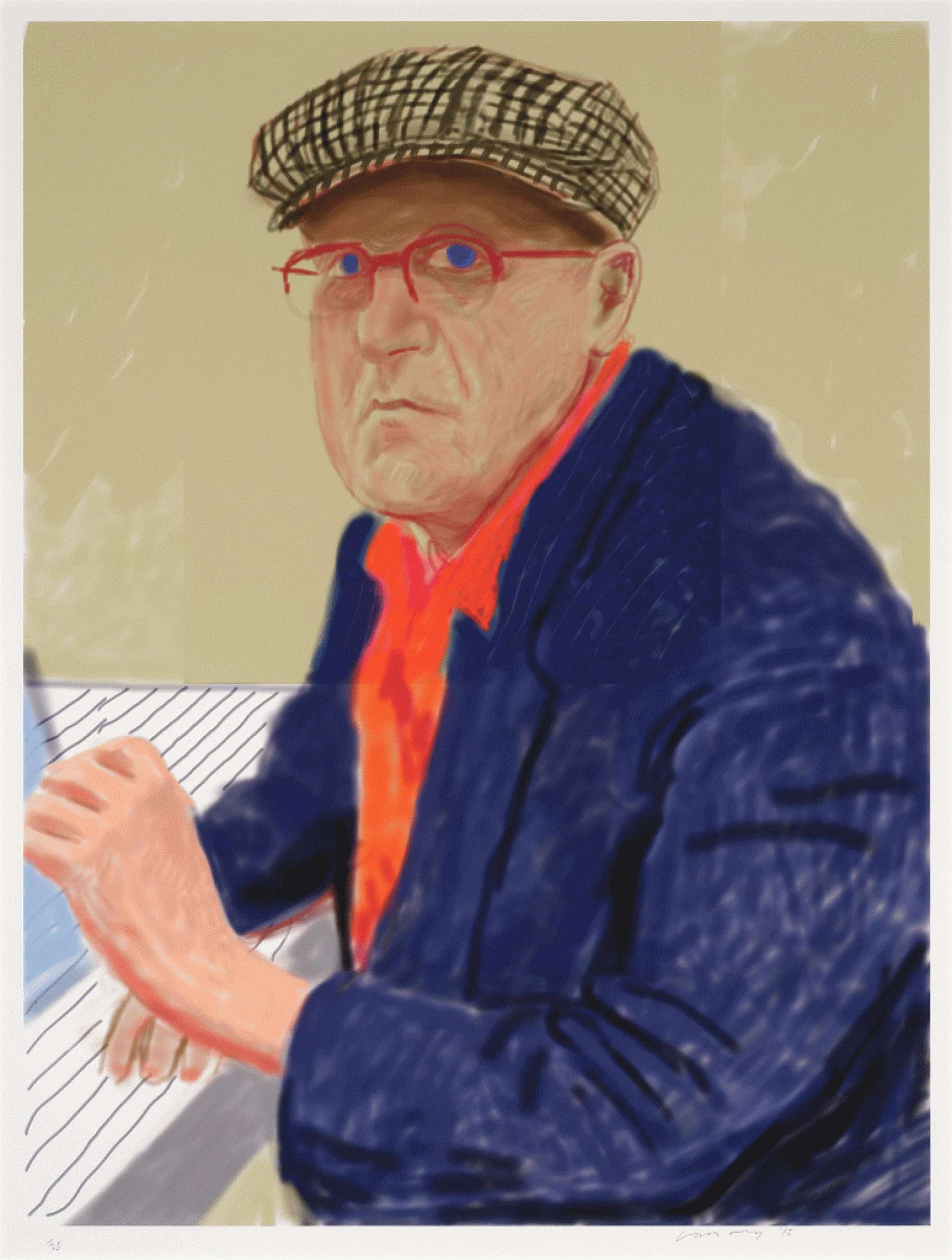 David Hockney’s Self-Portrait II. A digital print of David Hockney seated, wearing an orange shirt and blue jacket with red glasses and a hat. 