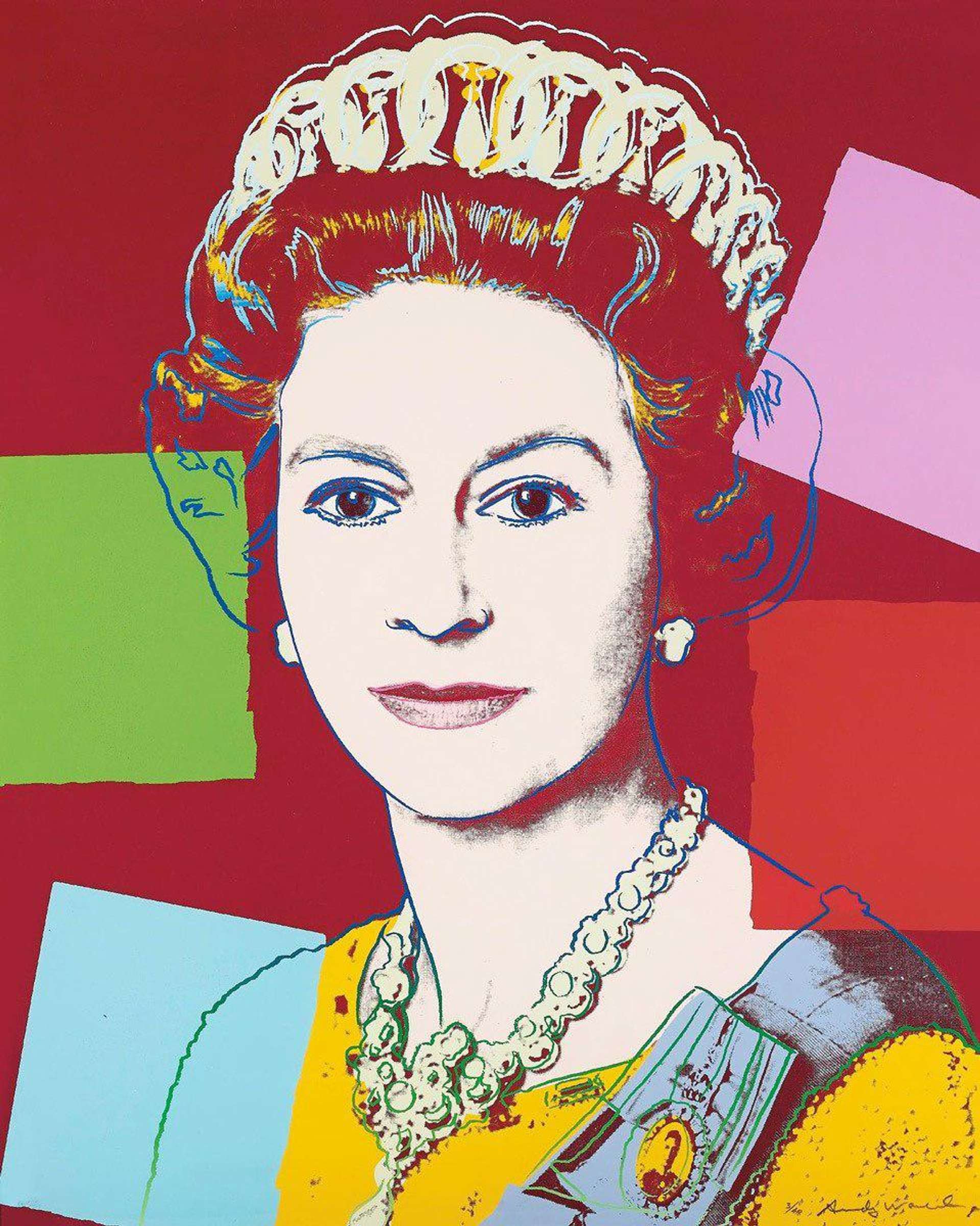 A young Queen Elizabeth II wearing her royal crown and jewellery in the forefront of a red background with accents of light blue, pink, and light green in the style of Pop Art.