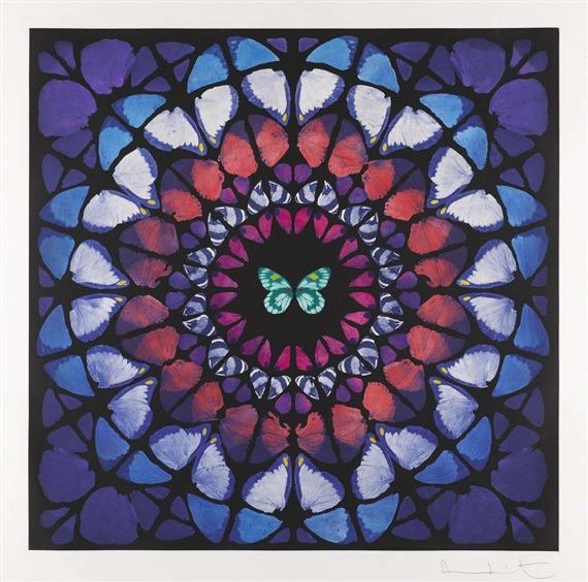 The central focus of this print is Damien Hirst’s famous butterfly motif, showing one in the middle of the composition and the intricate surrounding pattern made up of butterfly wings. Minaret is depicted in varying shades of blue and pink and is made up of concentric circles.