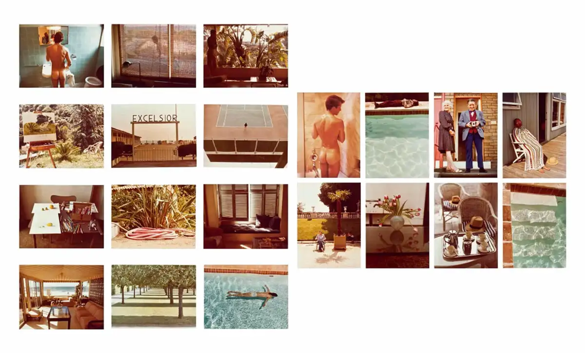 A complete set of David Hockney's photographs, which shows a variety of pool swims, nude men, and California landscapes.