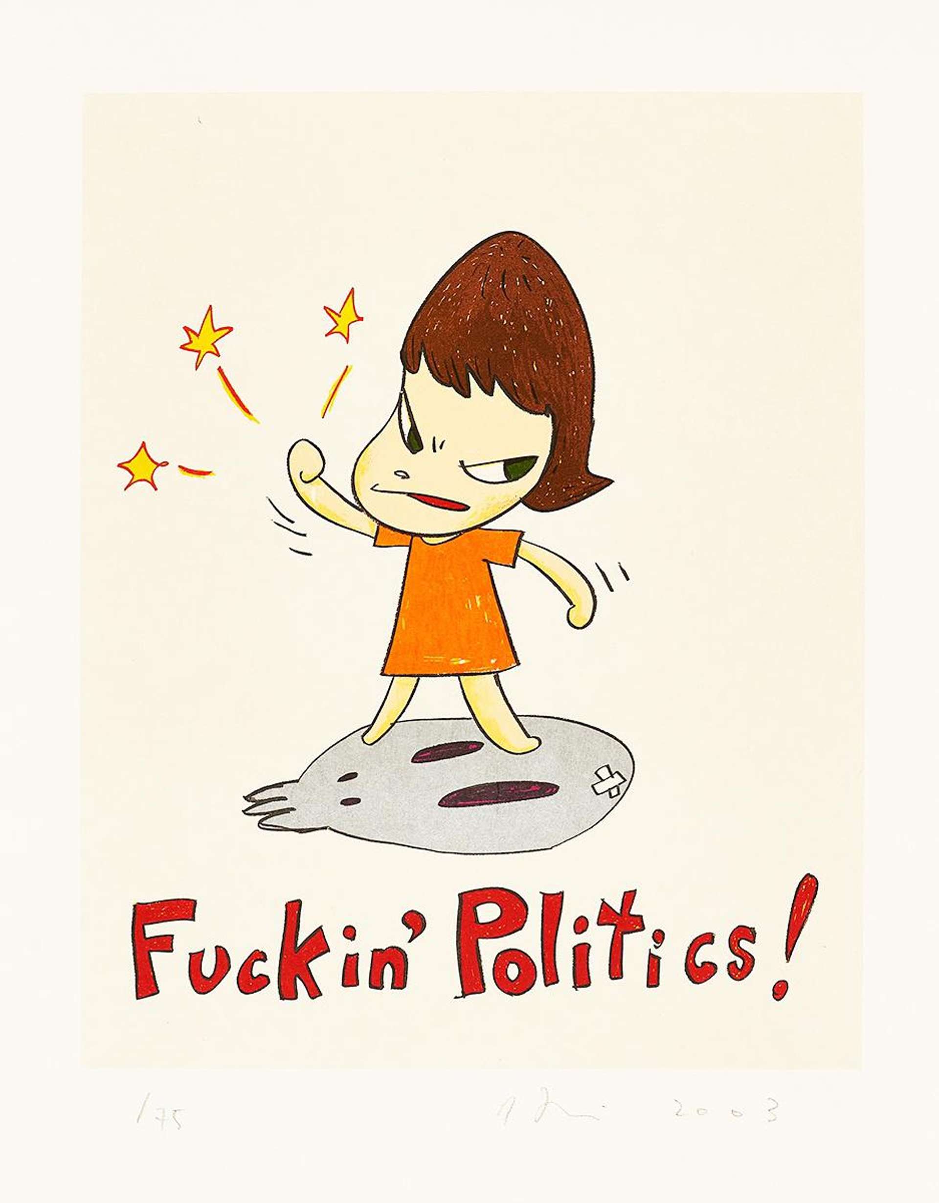 This print shows one of Nara's characters, waving her first in the air, with the title written in red at her feet.