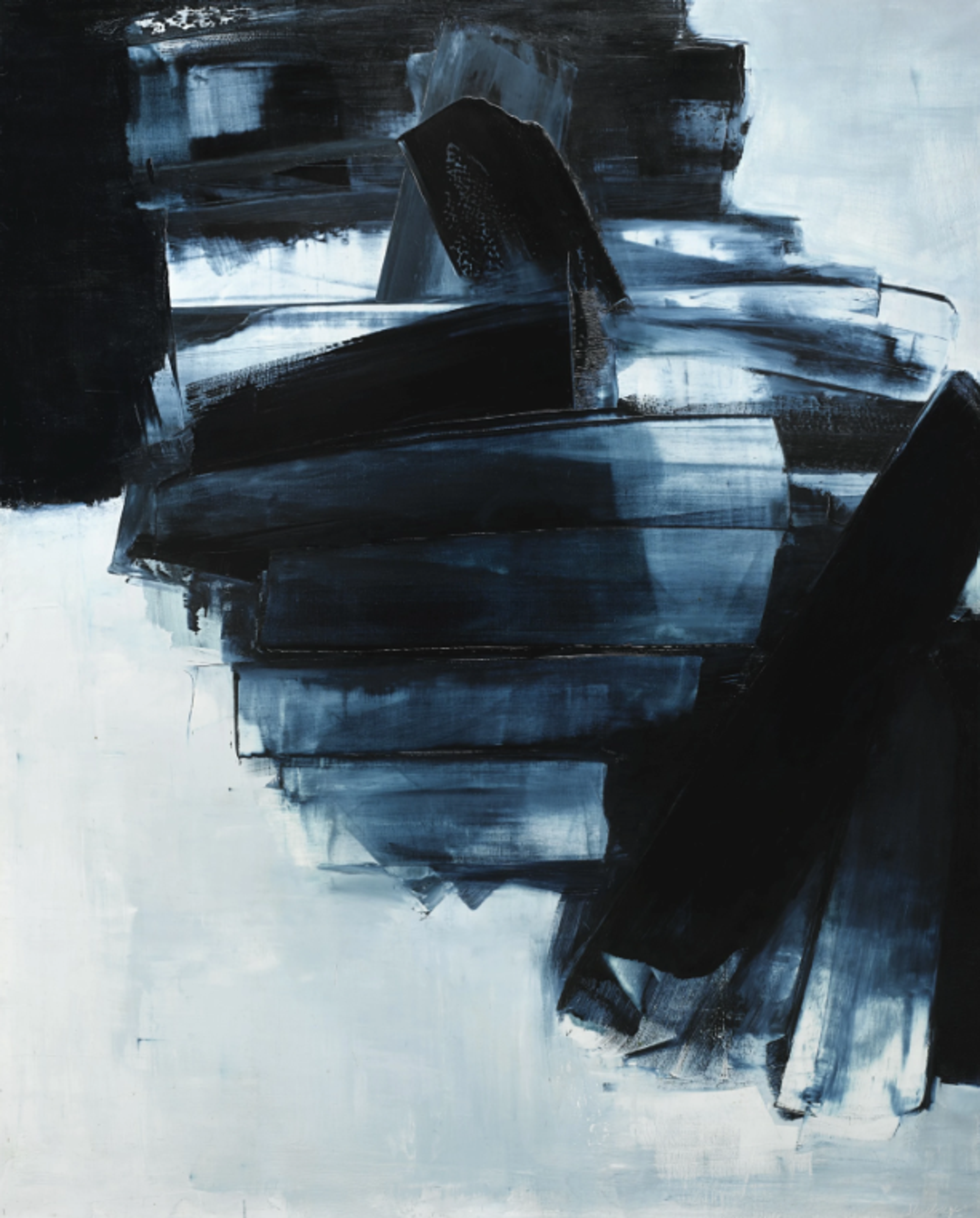 An abstract painting with broad black and blue brushstrokes layered against a pale background, the blue tones partially revealed and concealed as some of the paint has been scraped away.