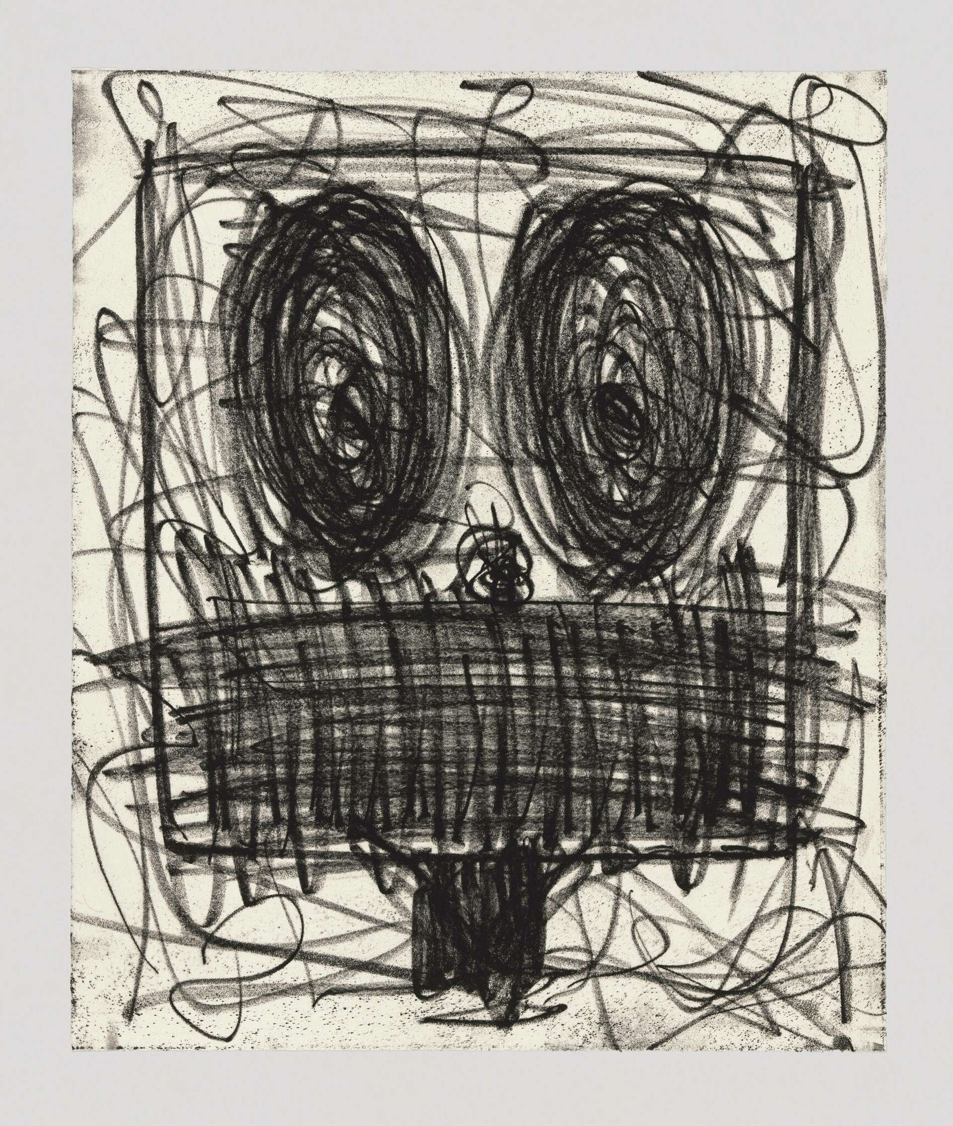 Untitled (Anxious Man) by Rashid Johnson. The image is of a humanoid, square face created in frantic black crayon scriblles on a cream background. 