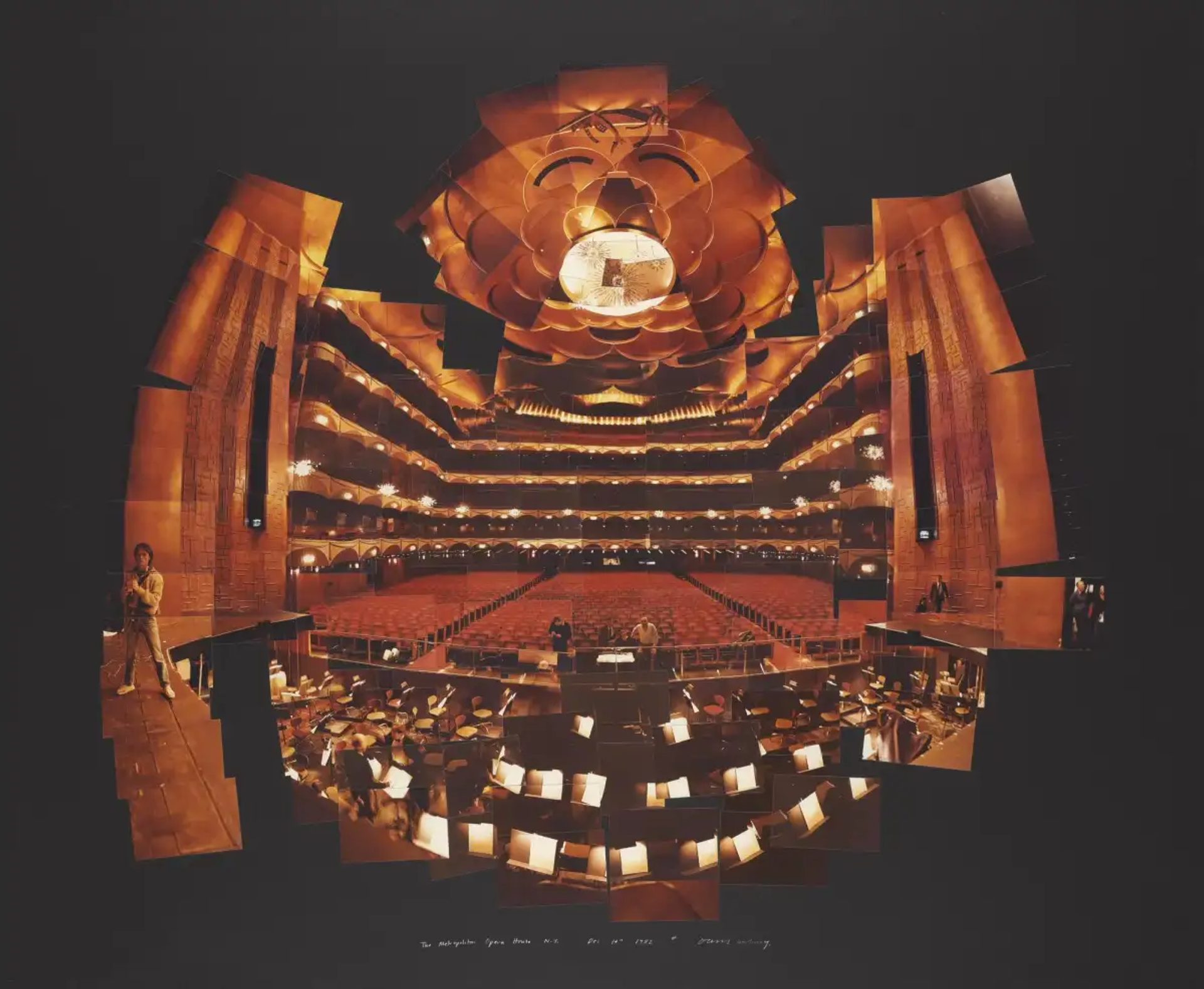 An image of a print by David Hockney, showing the interior of the Metropolitan Opera House as seen from the stage.