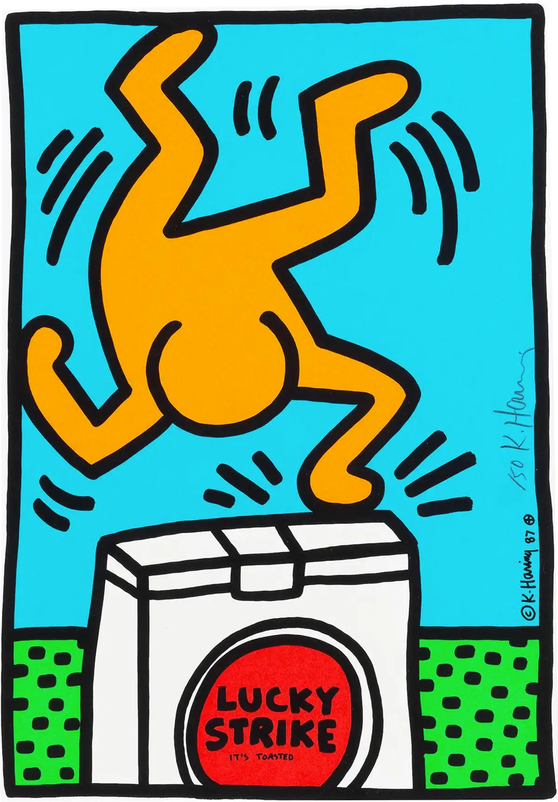 An image of a print showing a bright orange figure, upside down and in the air, Haring creates an image full of energy and excitement. The packet of Lucky Strike cigarettes remains closed, sitting at the bottom of the image as the central figure dances on top.