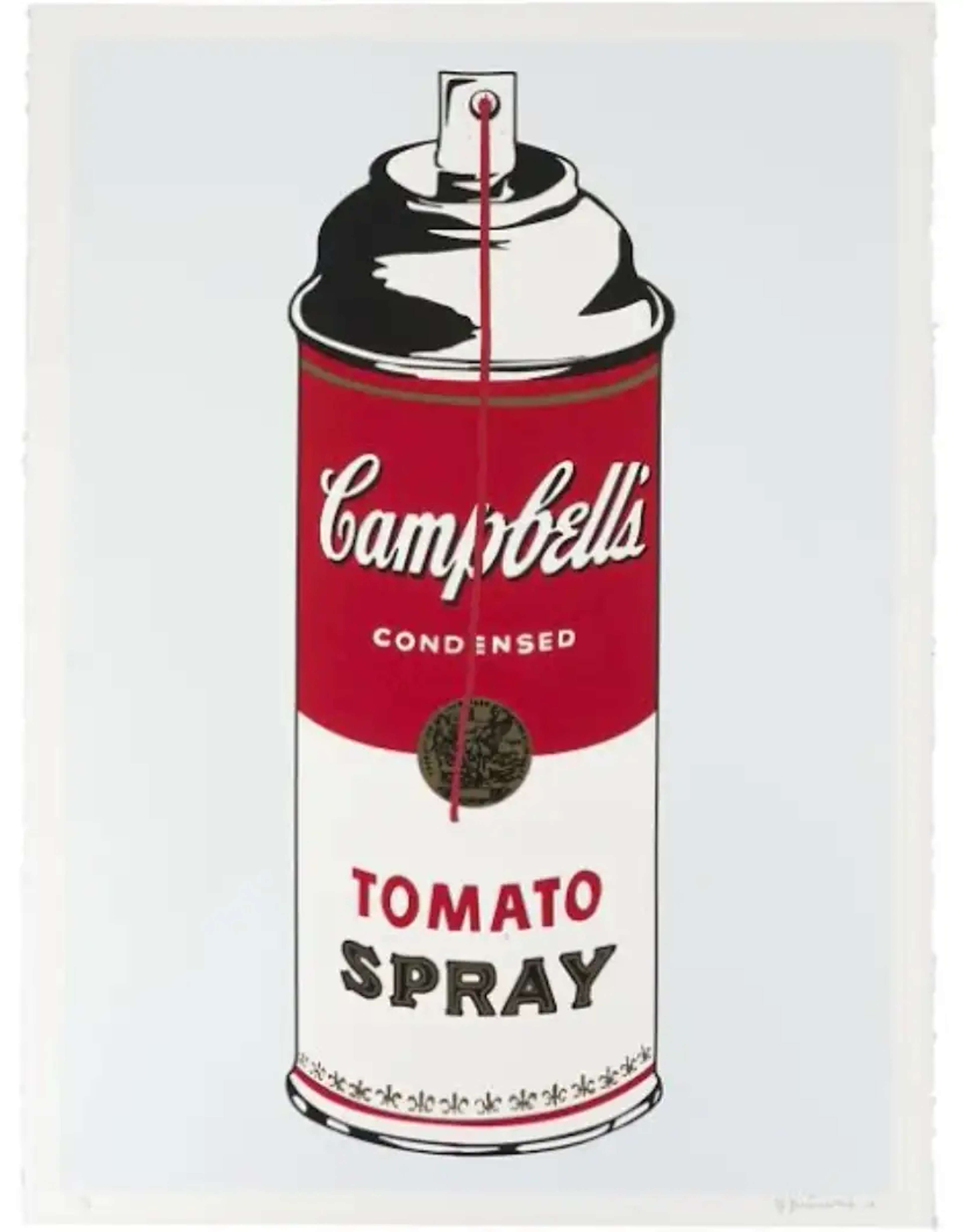 A transformed image by Mr. Brainwash featuring an appropriated Campbell's soup can from pop artist Andy Warhol, now depicted as a spray paint can.