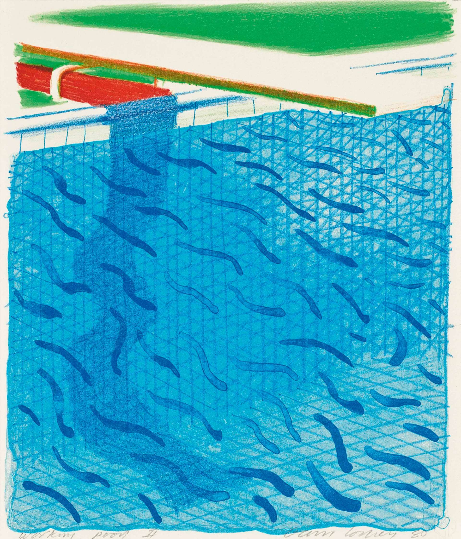 In this print, the water occupies almost the entire surface of the image, exhibiting simplicity of composition coupled with precise details and crisp linear outlines. Because Hockney experiments with diverse shades of the blue colour, the representation of water becomes complex and multidimensional. A square tile pattern pokes through the surface, revealing the depth of the swimming pool as well as the lustre surface of its bottom. 