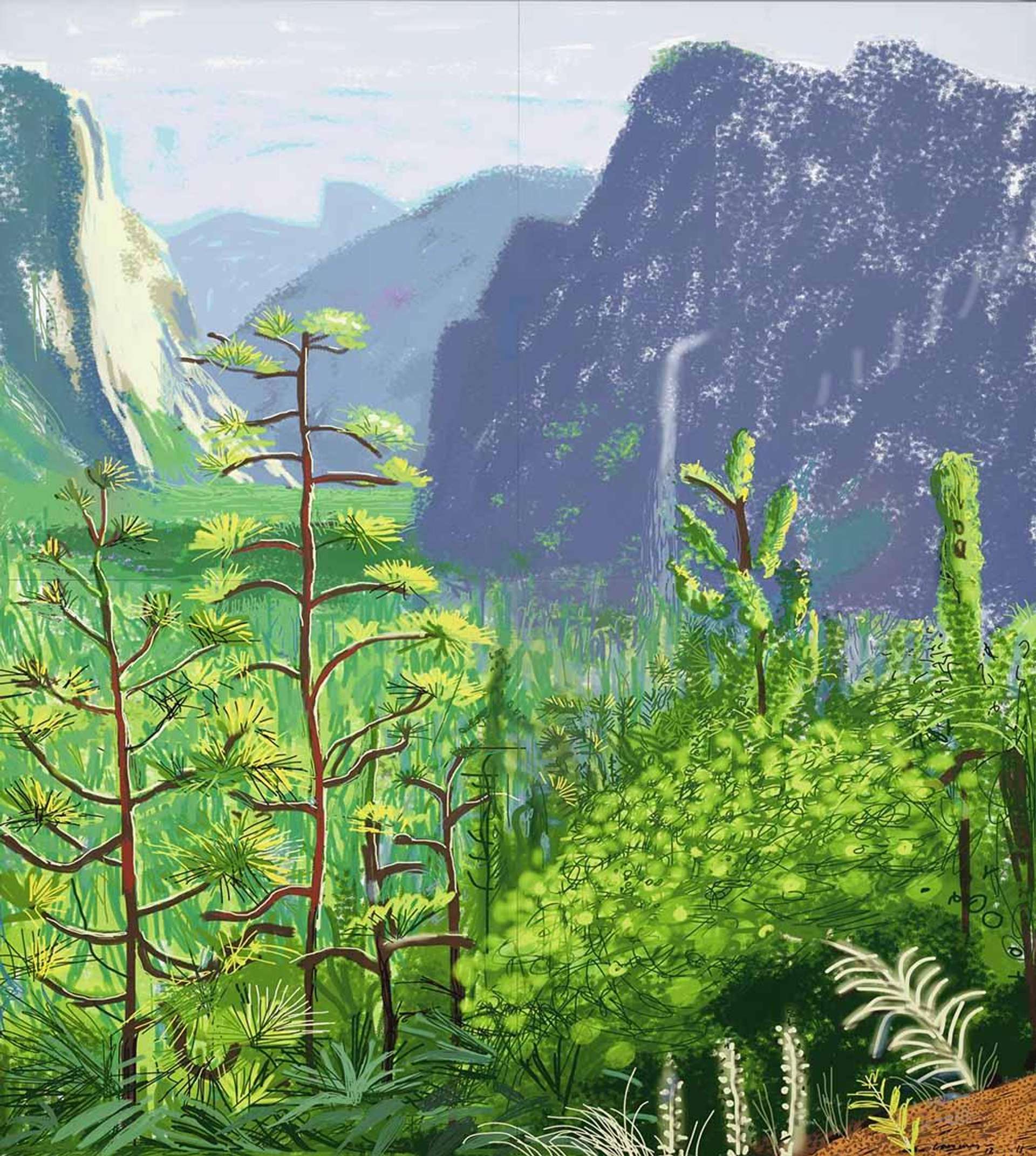 A landscape view of Yosemite by David Hockney, featuring bright green trees in the foreground and a large grey rocky outcrop in the background.