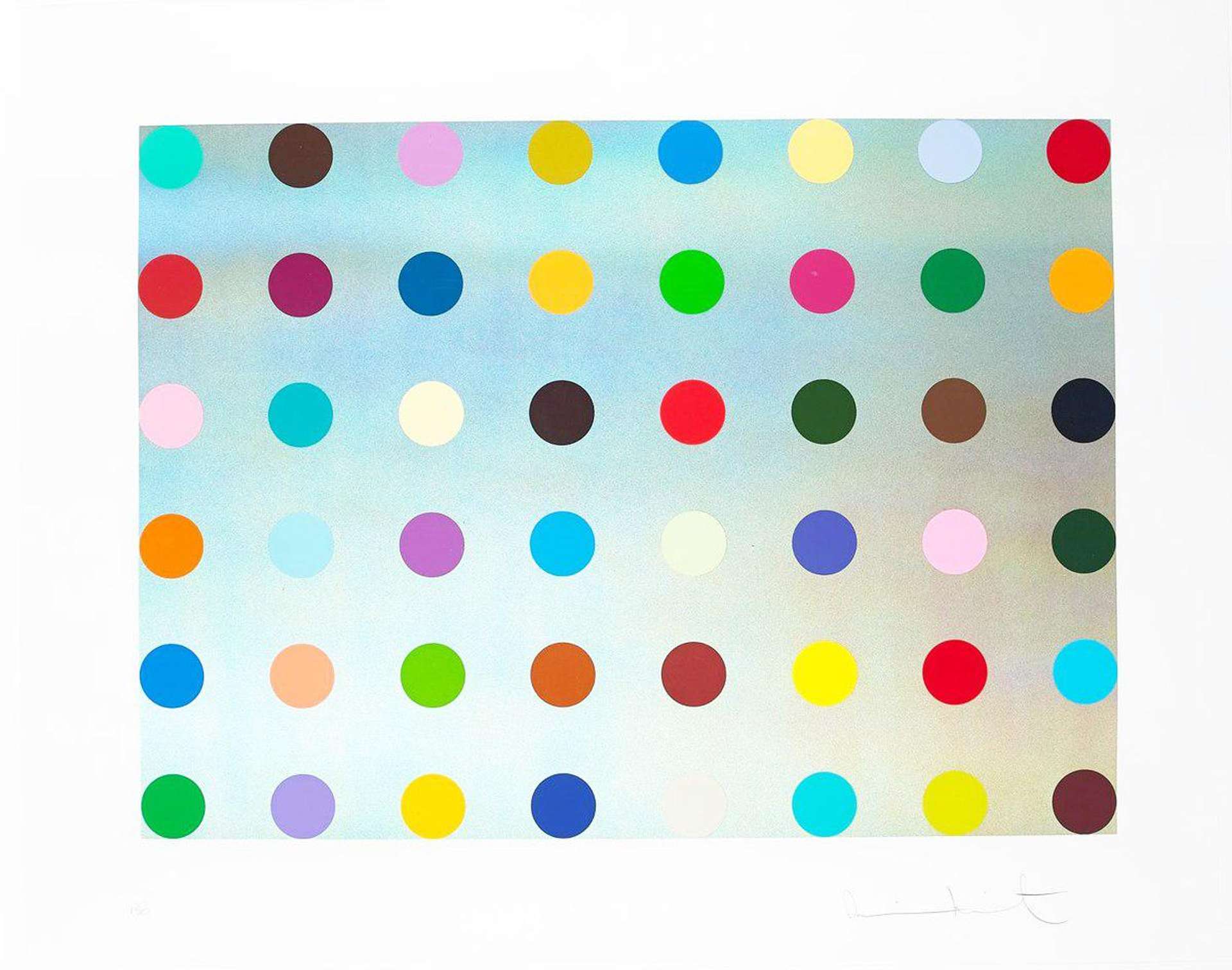 An image of the print Silver Spot Landscape by Damien Hirst, showing dozens of colourful dots against a gradient blue background.