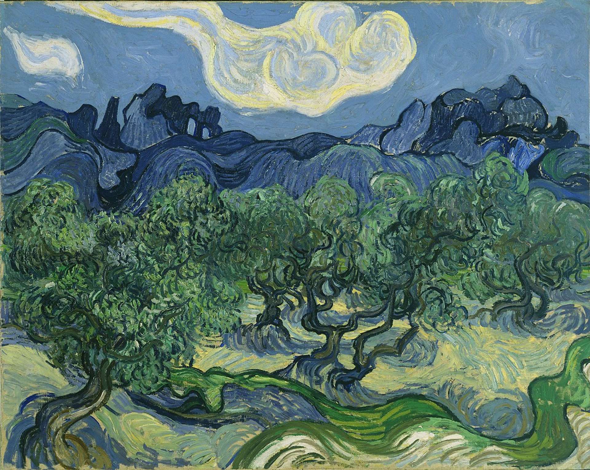 An oil painting titled "Les Oliviers" depicting a grove of olive trees in Saint-Rémy-de-Provence, with a mountain range in the background. The painting features thick, expressive brushstrokes in shades of green, blue, yellow, and brown.