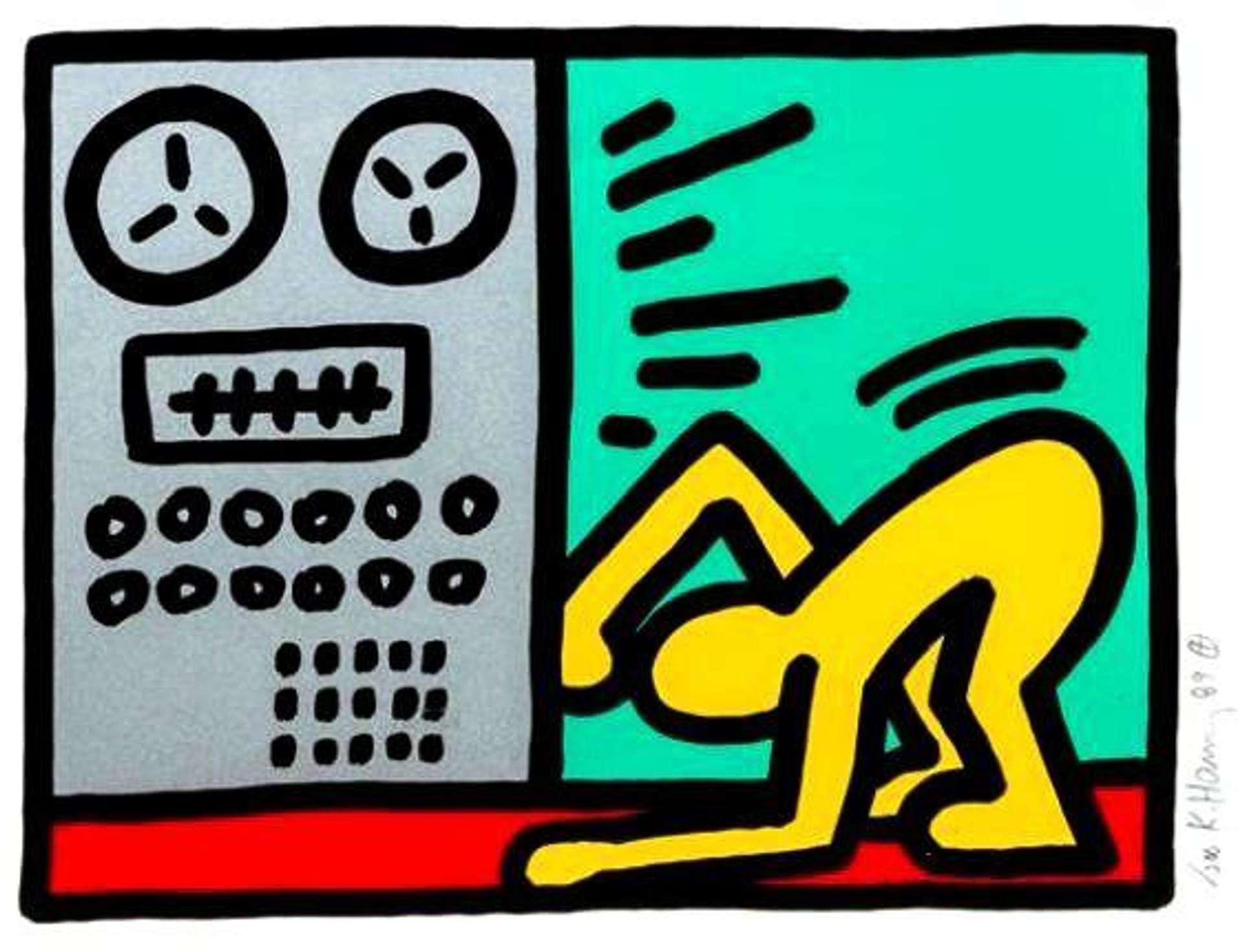 Keith Haring’s Pop Shop III, Plate IV. A yellow figure dancing while listening to music in the Pop Art style of Keith Haring
