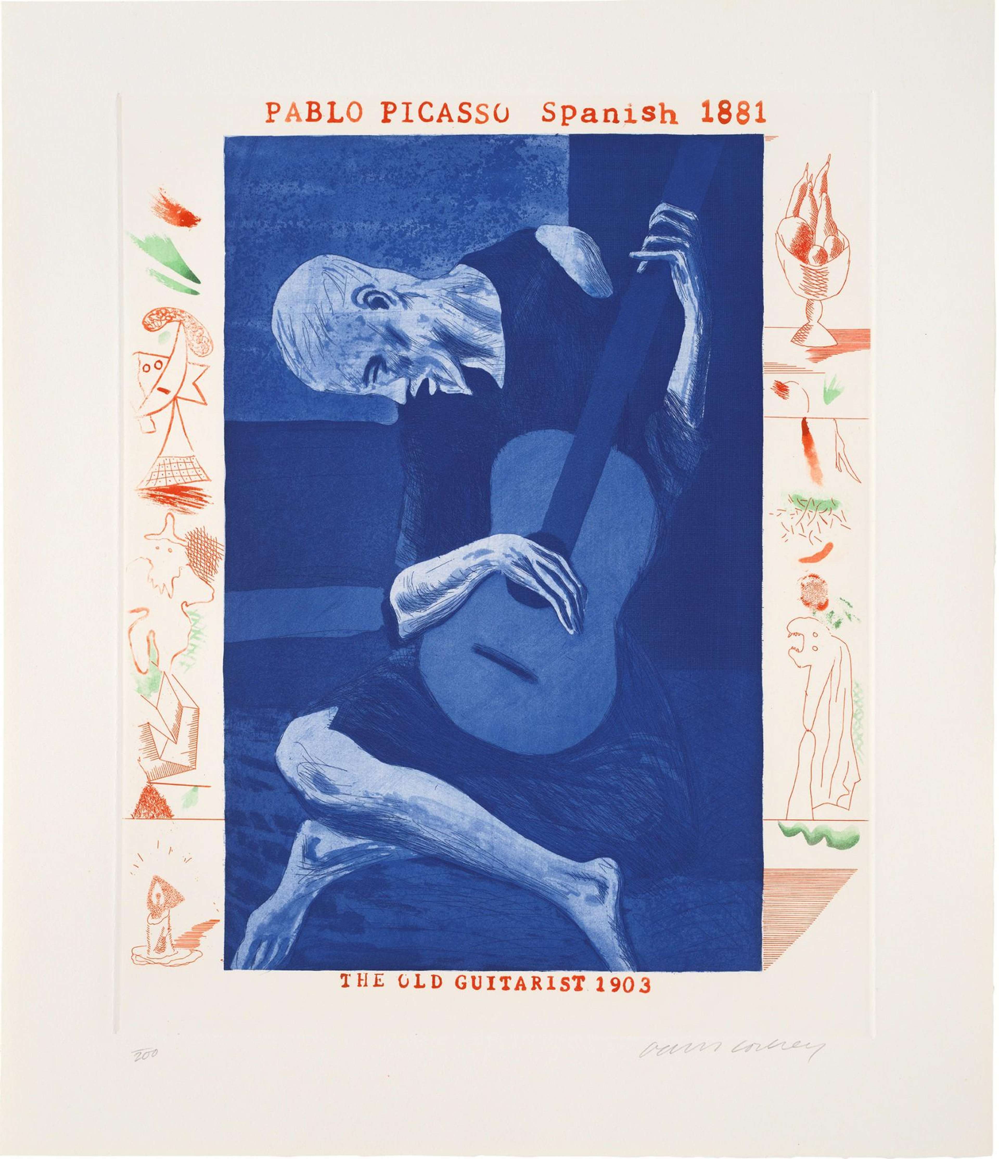 David Hockney’s The Old Guitarist. An intaglio print of Picasso’s The Old Guitarist with still life and abstract drawings around its perimeter. 