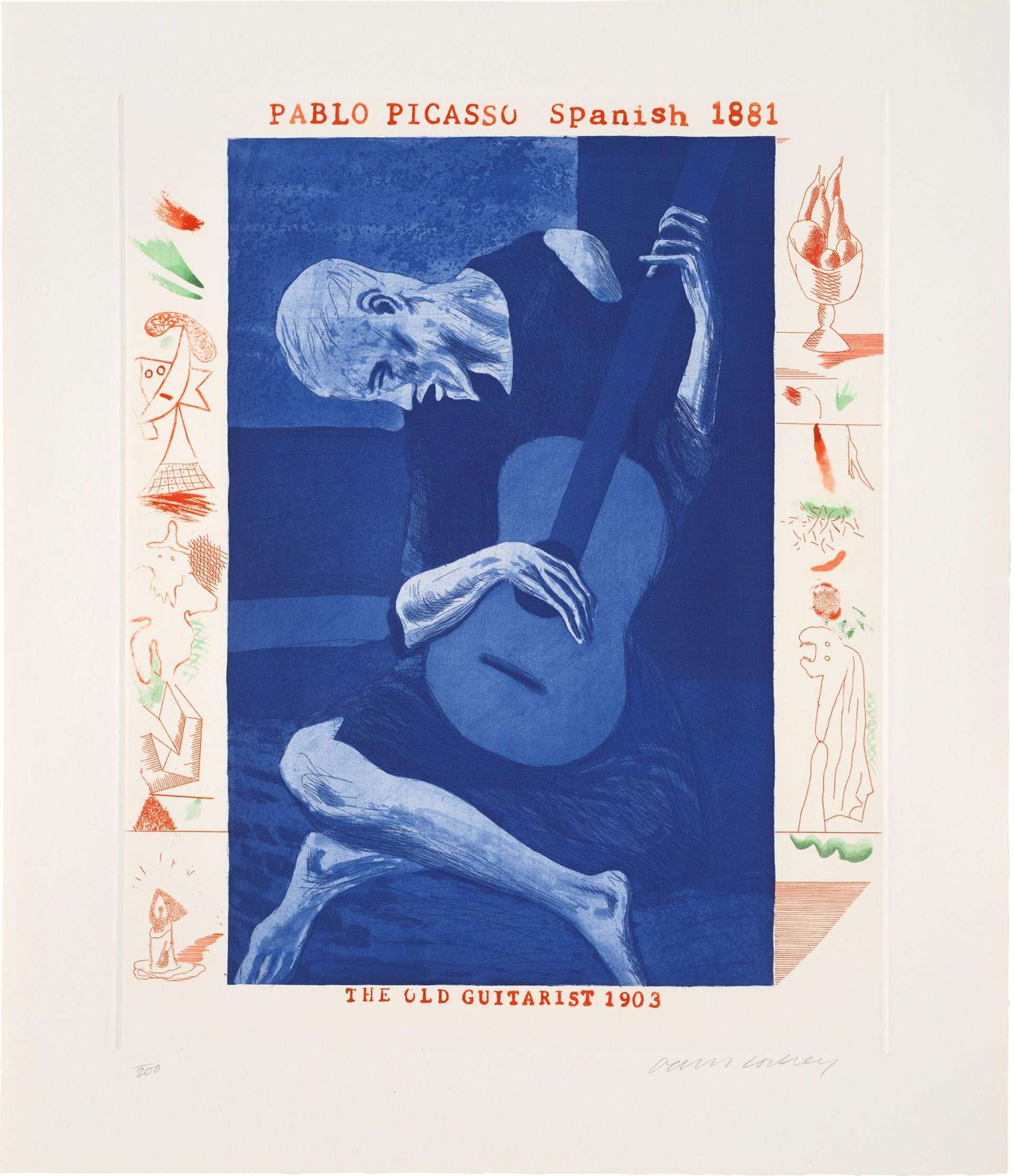 Hockney’s most overt homage to Picasso, The Old Guitarist is a direct copy of the Spanish artist’s 1903 painting, one of the most famous from his Blue Period. While the central panel is a faithful reproduction of the painting, steeped in blue ink, Hockney has chosen to frame it with a series of more lighthearted drawings of figures, still lifes and geometric shapes that recall the Cubist aesthetic of Picasso’s later periods, updated for the ’70s. 