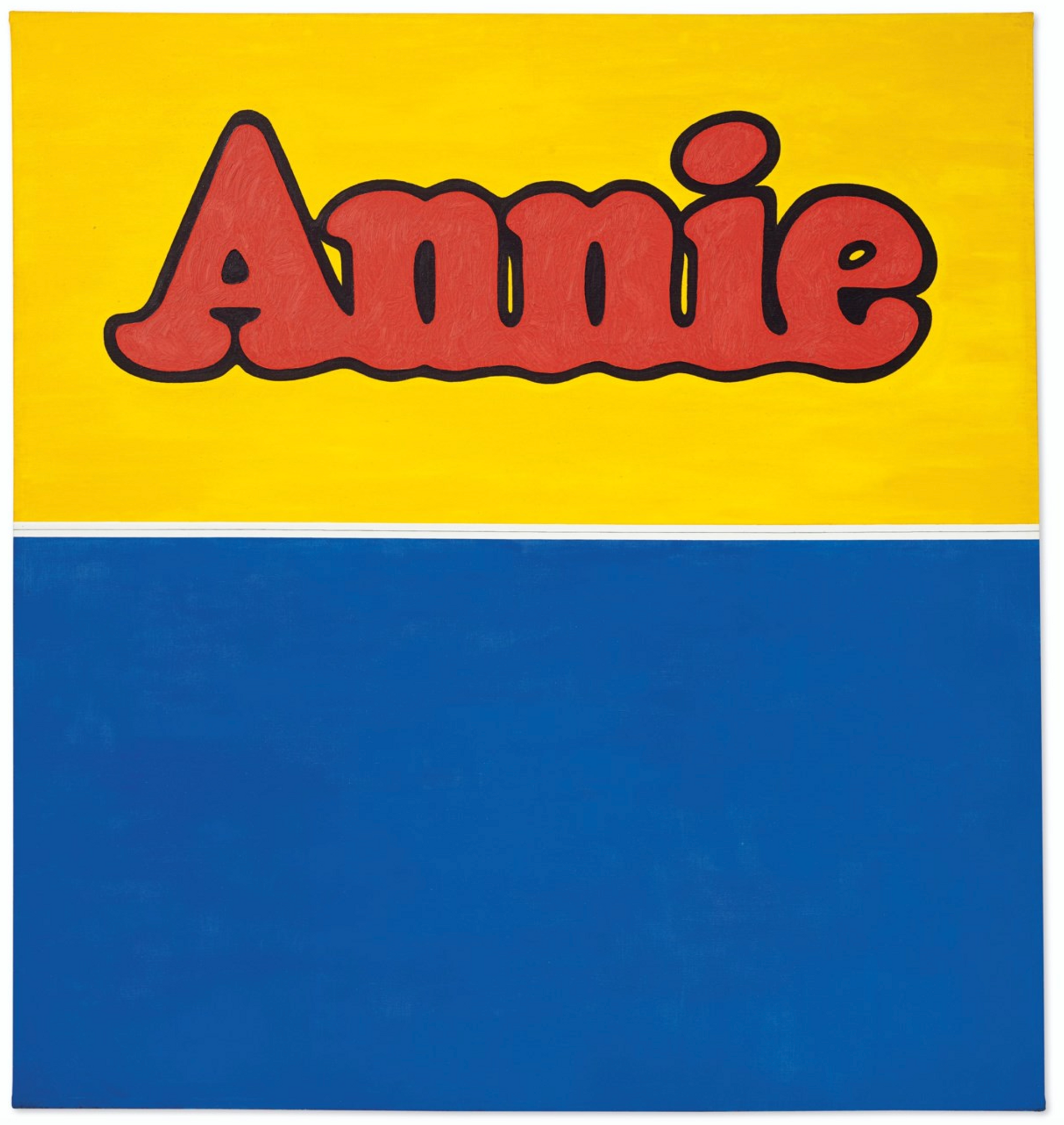 Painting of the word 'Annie' by Ed Ruscha in red lettering with a black outline. The background is yellow in the top half and blue in the bottom half.