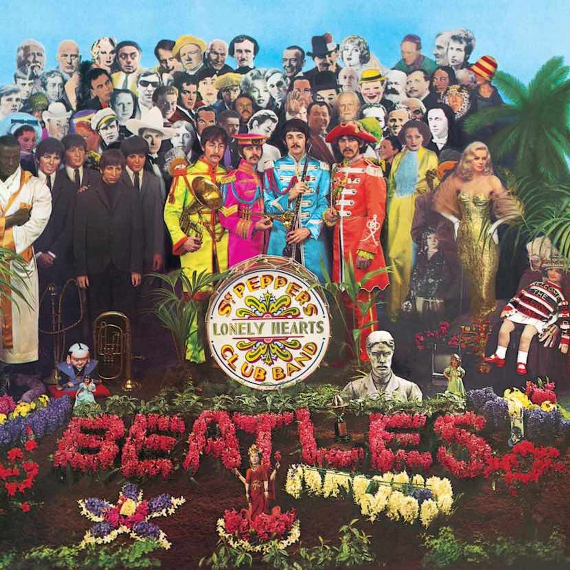 An image of the album cover for Sgt. Pepper’s Lonely Hearts Club Band by artists Peter Blake and Jann Haworth. It shows The Beatles, dressed in the style of a military band, against a background composed of over 70 notable personalities. In the front, there is a garden with the band’s name