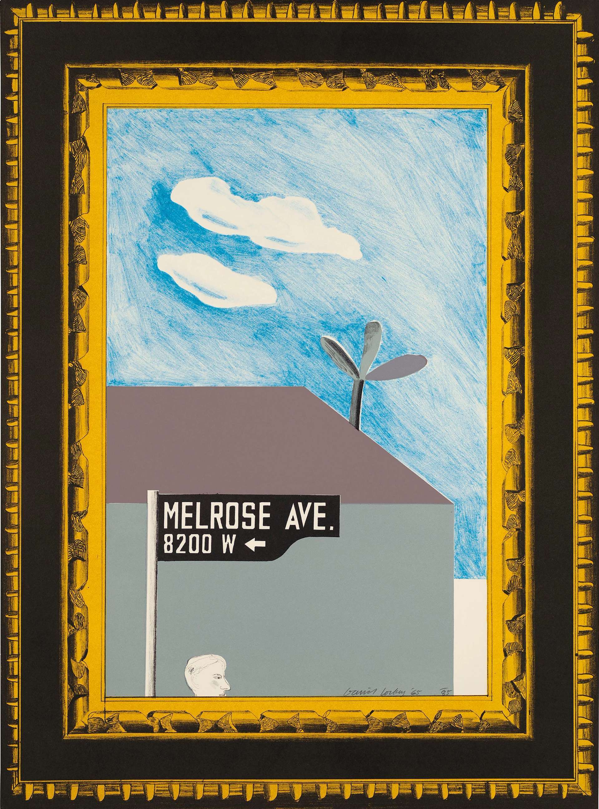 David Hockney's Picture Of Melrose Avenue In An Ornate Gold Frame. A lithographic print of a visible street sign "8200 W Melrose Ave." in front of a house and cloudy, blue skies. 