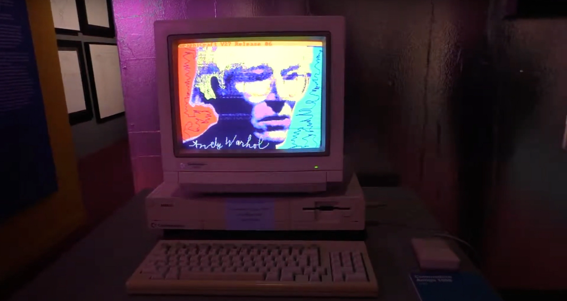 An installation view of Andy Warhol's Amiga 1000 Computer on show in Rome. An old-fashioned computer is shown displaying a digital self-portrait by artist Andy Warhol.