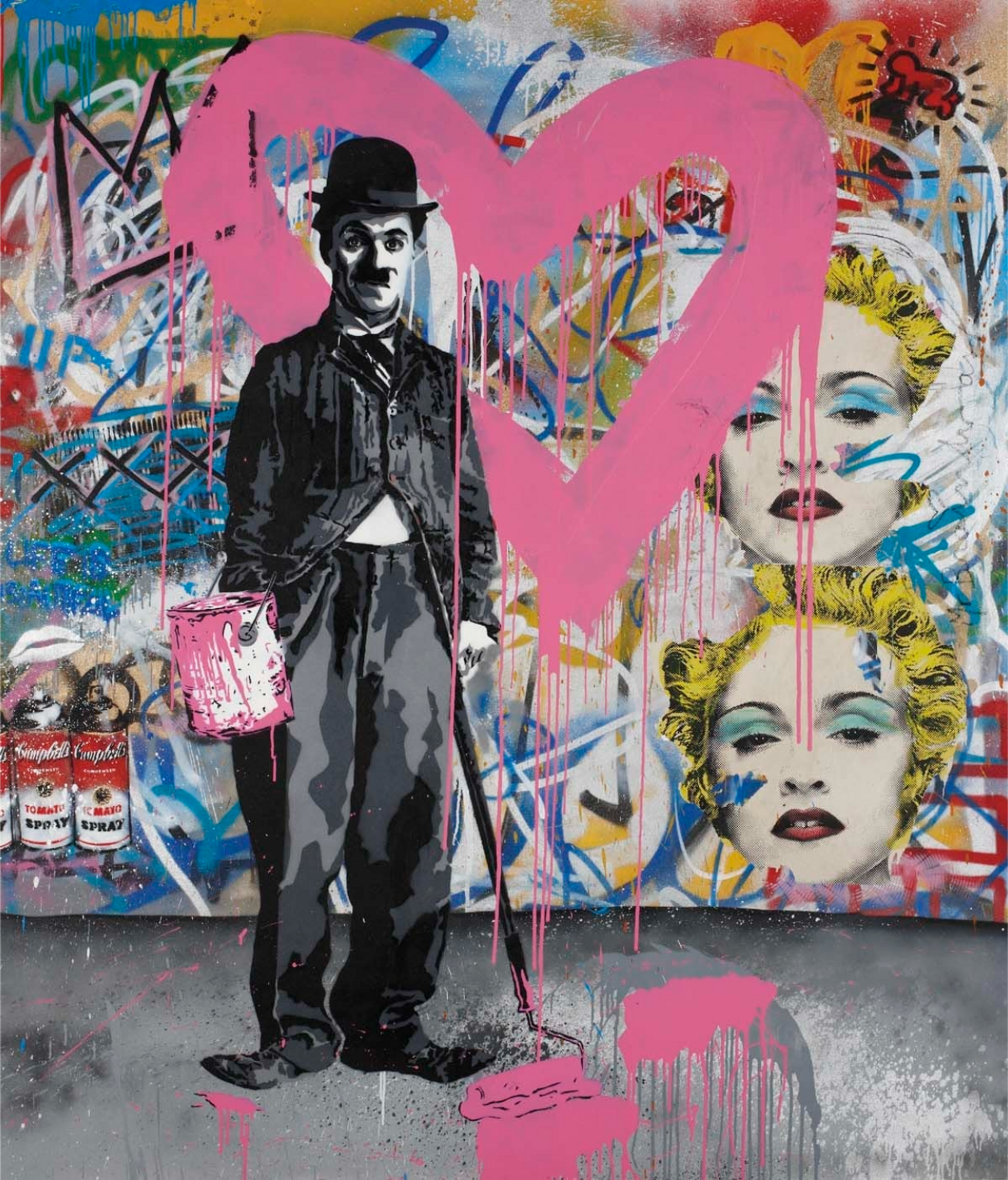 An image of the painting Charlie Chaplin Pink by Mr. Brainwash, showing a monochrome version of the actor Charlie Chaplin holding a paint bucket and roller. He is in direct contrast against the colourful background, which has images of singer Madonna, Andy Warhol’s Campbell’s Soups and Basquiat’s crowns.