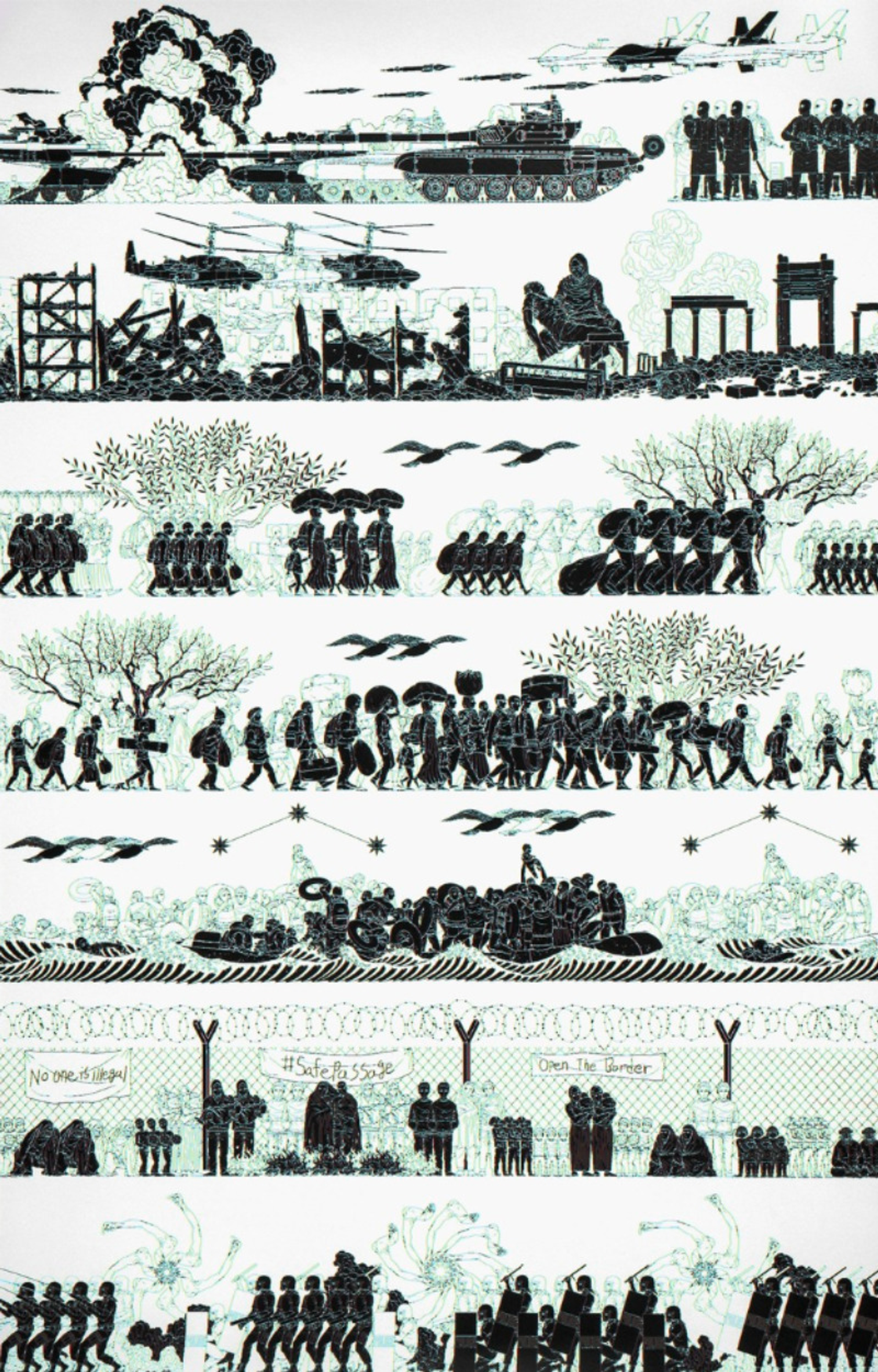 Seven rows of sketches in black and green, depicting war scenes and refugees seeking shelter