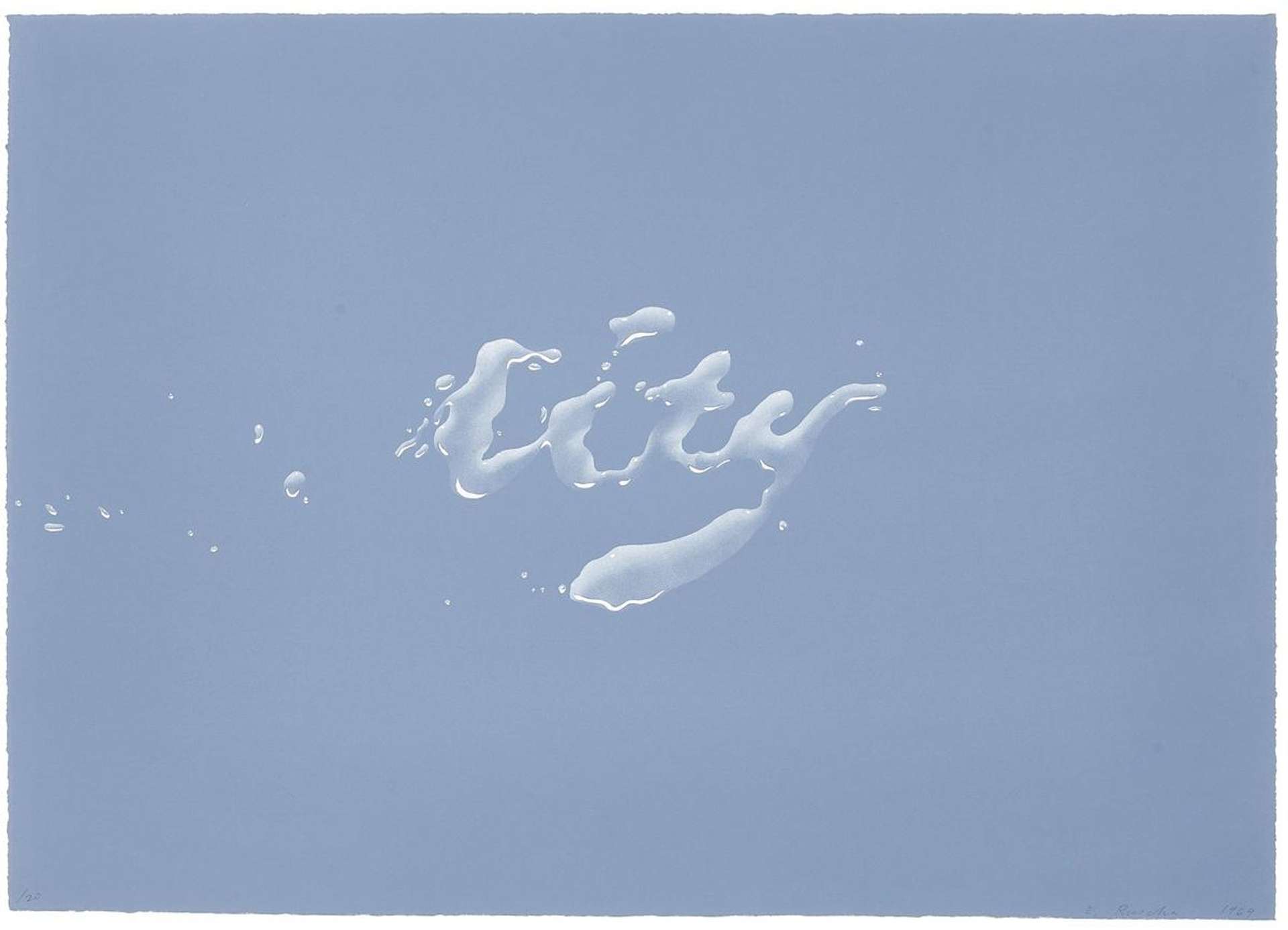 Lithograph by Ed Ruscha depicting the word 'city', with lettering which resembles splashes of water. The word is a light blue, set against a darker, greyish-blue background.