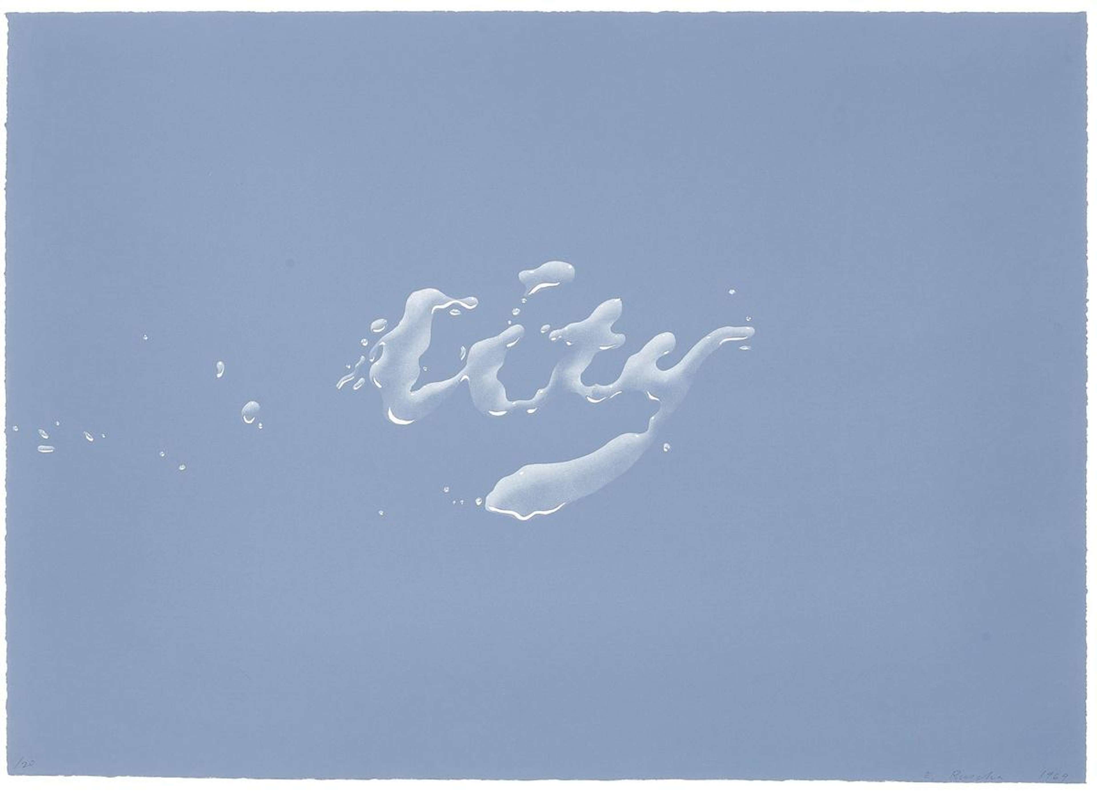 Lithograph by Ed Ruscha depicting the word 'city', with lettering which resembles splashes of water. The word is a light blue, set against a darker, greyish-blue background.