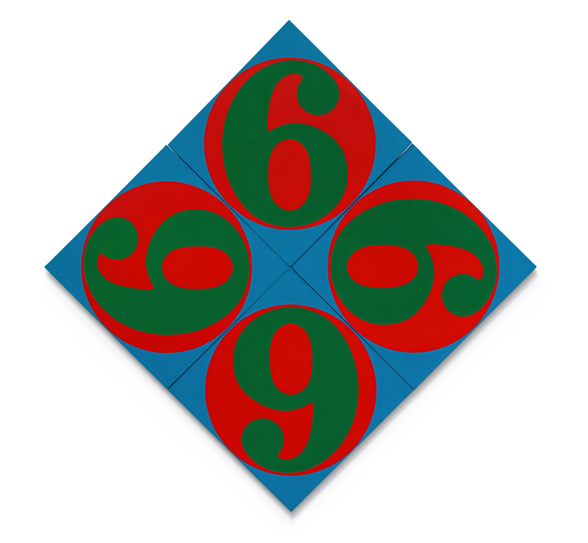 An image of a work by Robert Indiana. It consists of Four Sixes done in green within a red circle. The circles are shown rotating within the square composition, against a blue background.