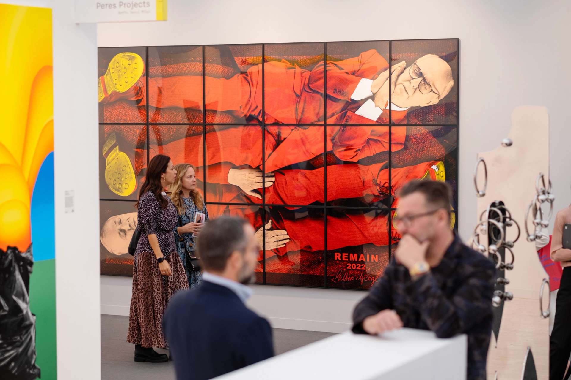 Photograph of a large-scale artwork by the duo artists George and George, displayed in the White Cube gallery booth at Frieze London Art Fair 2023.