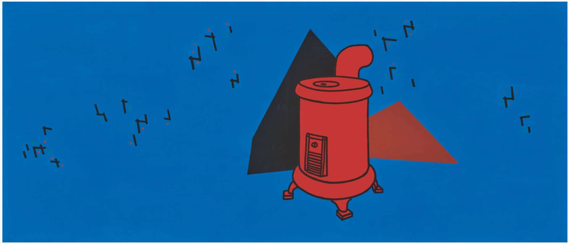  A single red furnace positioned against a vibrant blue background, with a black and red triangle behind it, creating an abstracted effect.