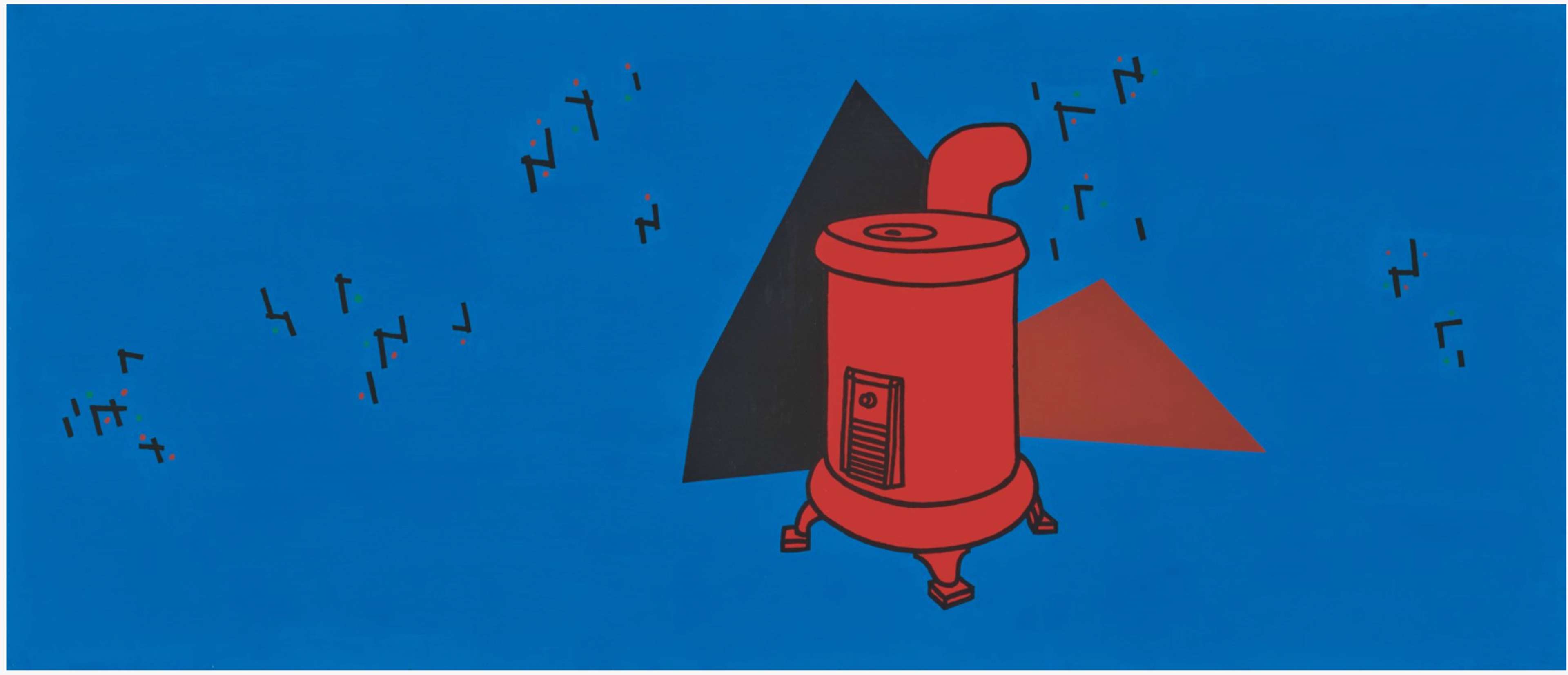  A single red furnace positioned against a vibrant blue background, with a black and red triangle behind it, creating an abstracted effect.