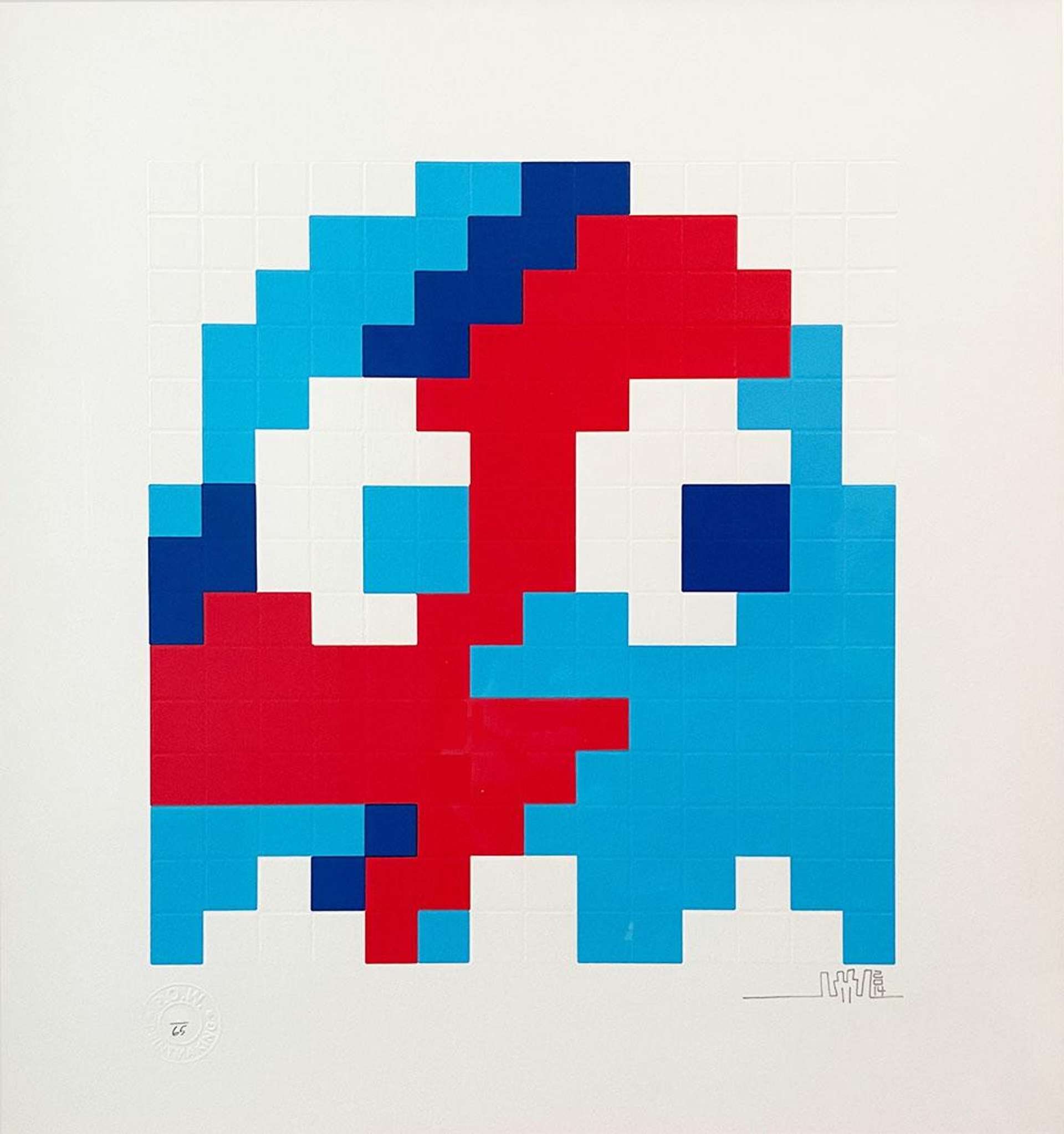 A screenprint by Invader depicting a Space Invader character with the iconic David Bowie lightning strike