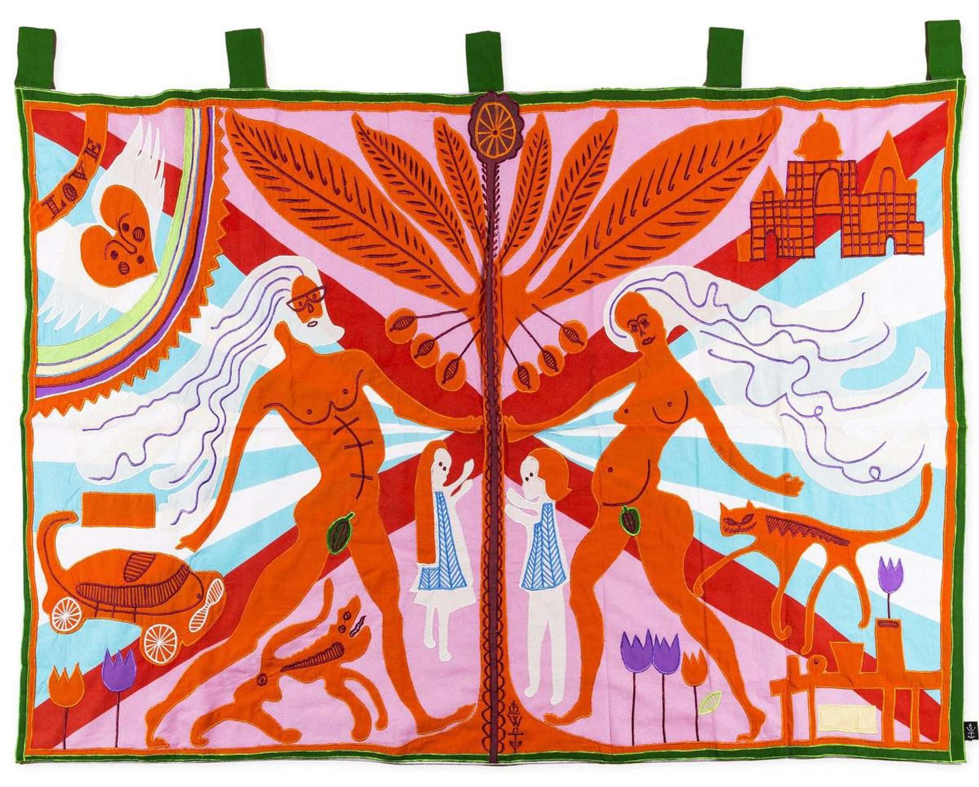 A tapestry by Grayson Perry depicting a flag vertically divided into two sections by the shape of a tree, which separates the characters who look like modern renditions of Adam and Eve. 