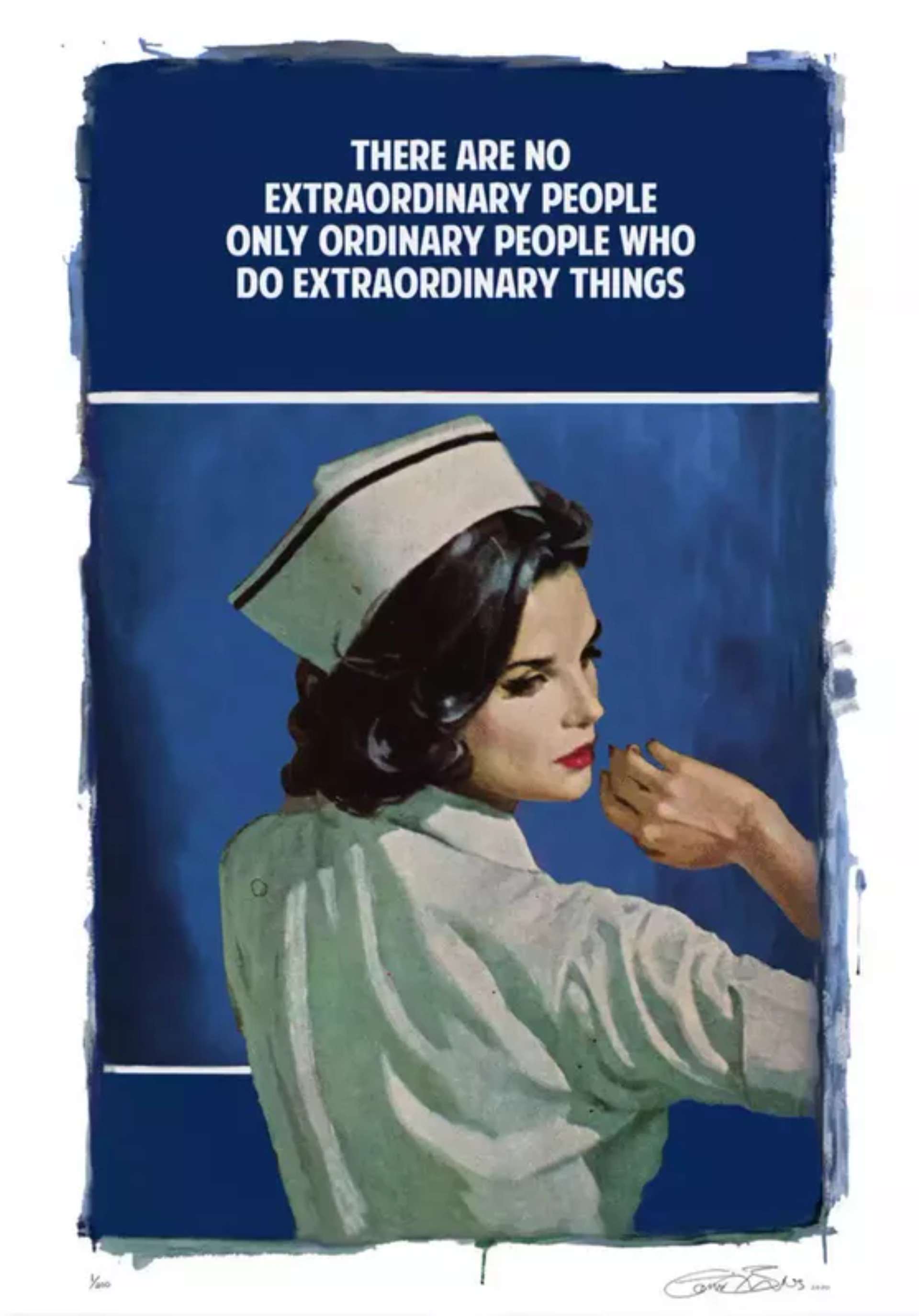 A dark-haired woman in a sailors hat and white shirt with the text: THERE ARE NO EXTRAORDINARY PEOPLE, ONLY ORDINARY PEOPLE WHO DO EXTRAORDINARY THINGS in block capitals.