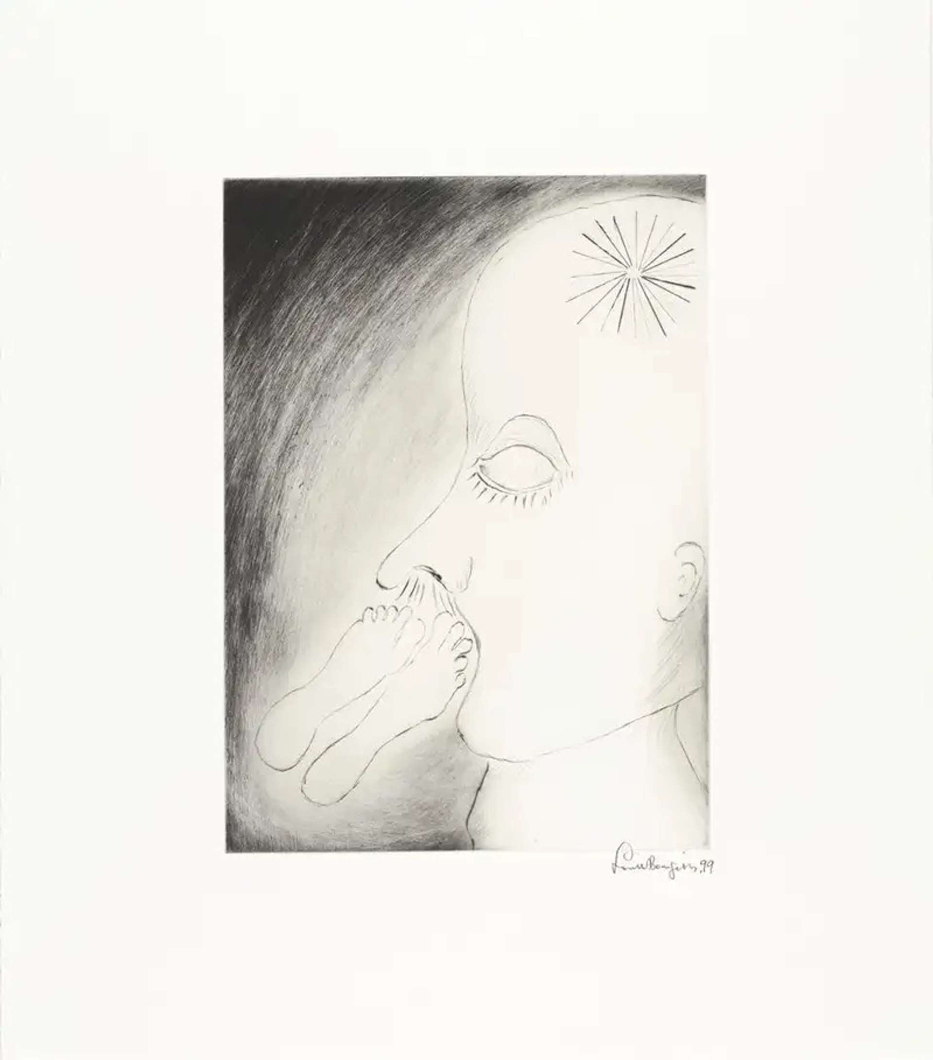 Louise Bourgeois’ The Smell Of Feet. A drypoint print of a head smelling two feet, directly under its nose.