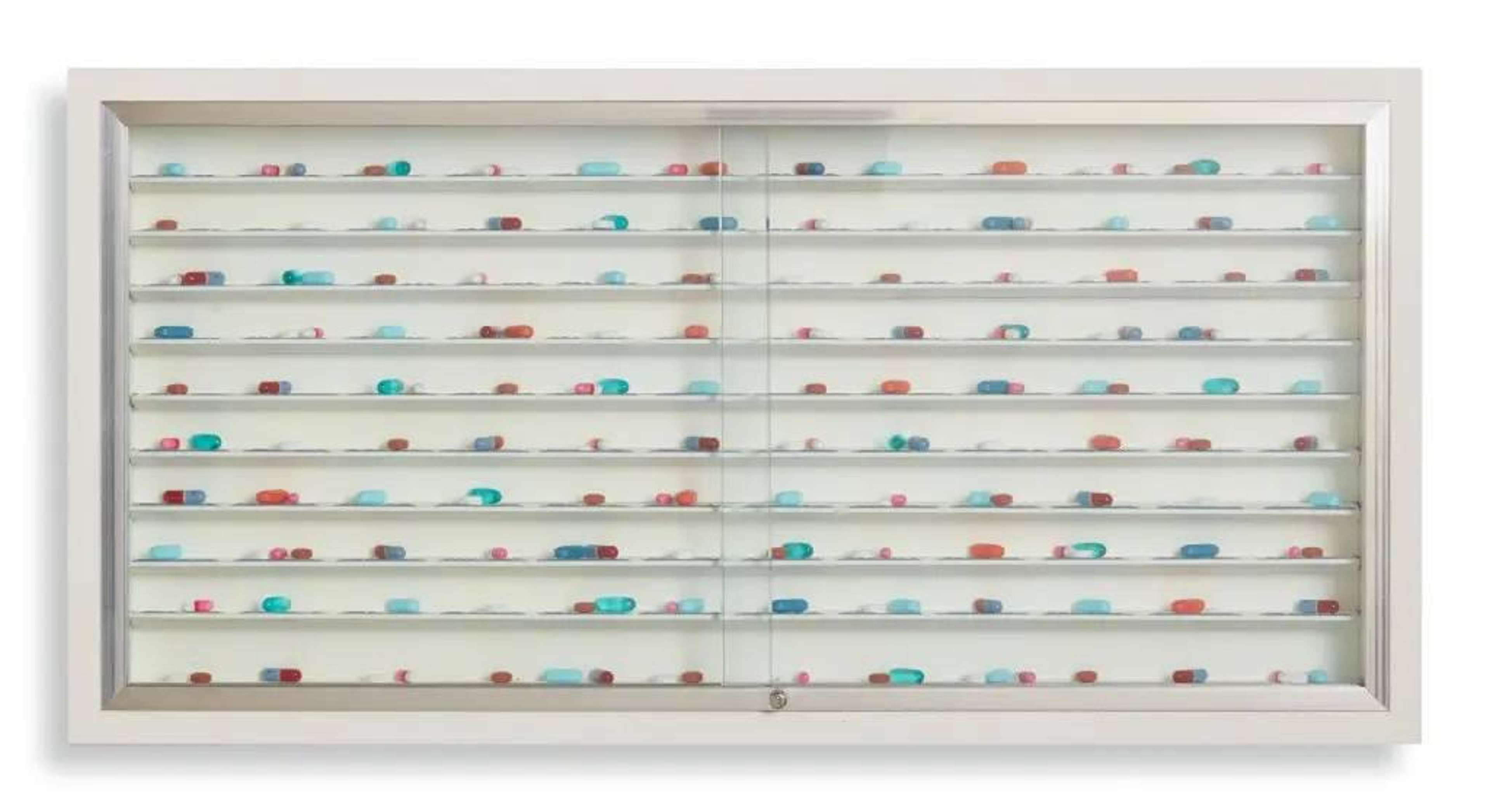 Damien Hirst’s Day By Day. A mixed media work of blue, red, green, pink, and white pharmaceutical pills sitting loosely in a white medicine cabinet. 