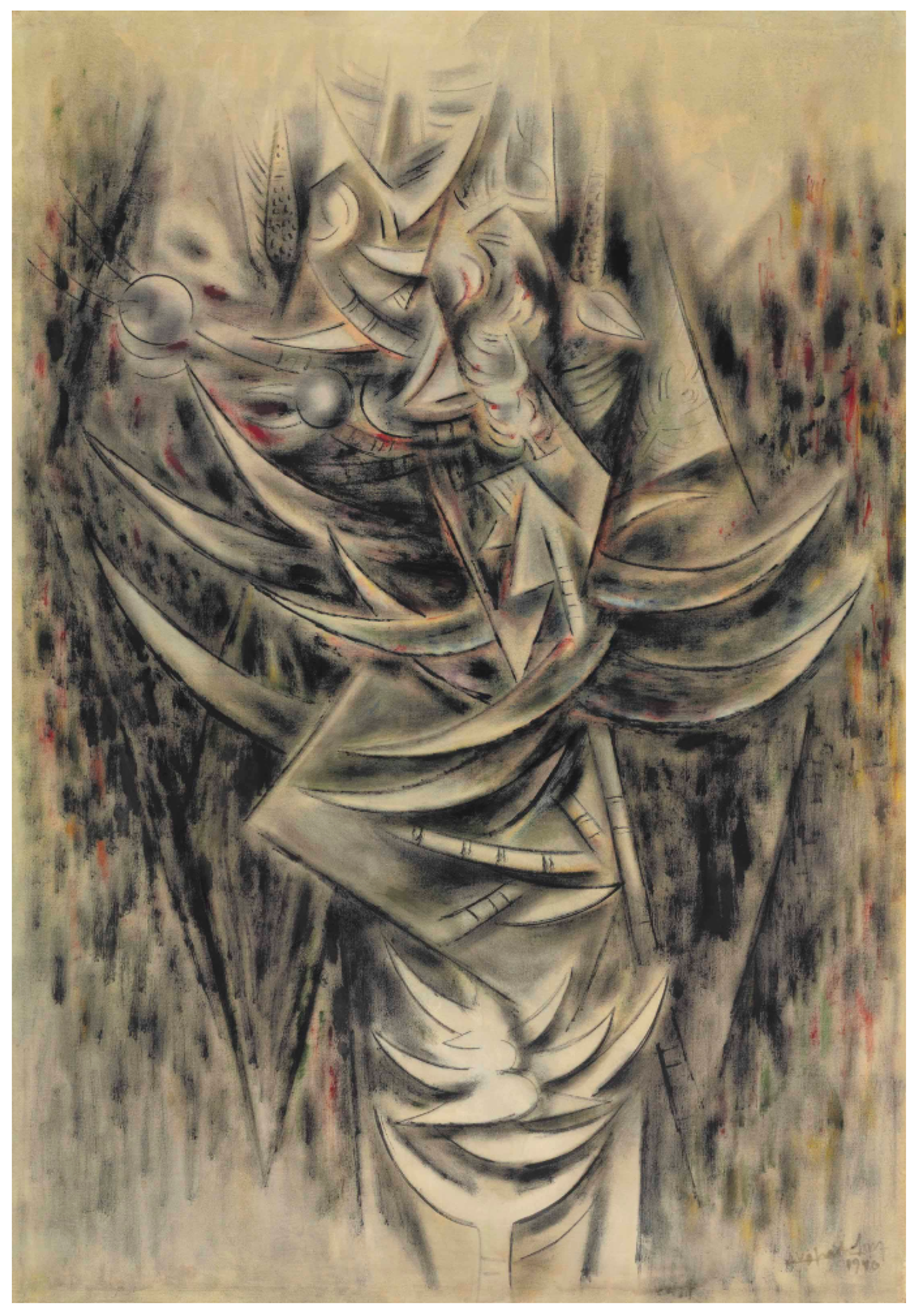 A vertically oriented painting in muted grey and brown tones showing indistinct, shadowy forms that suggest a mystical forest scene. The composition features ethereal, ghostly shapes, articulated by geometric lines and smudged brushstrokes, emerging from a dark background. Hooked claws, leaves, or feathers extend horizontally out of the central body.
