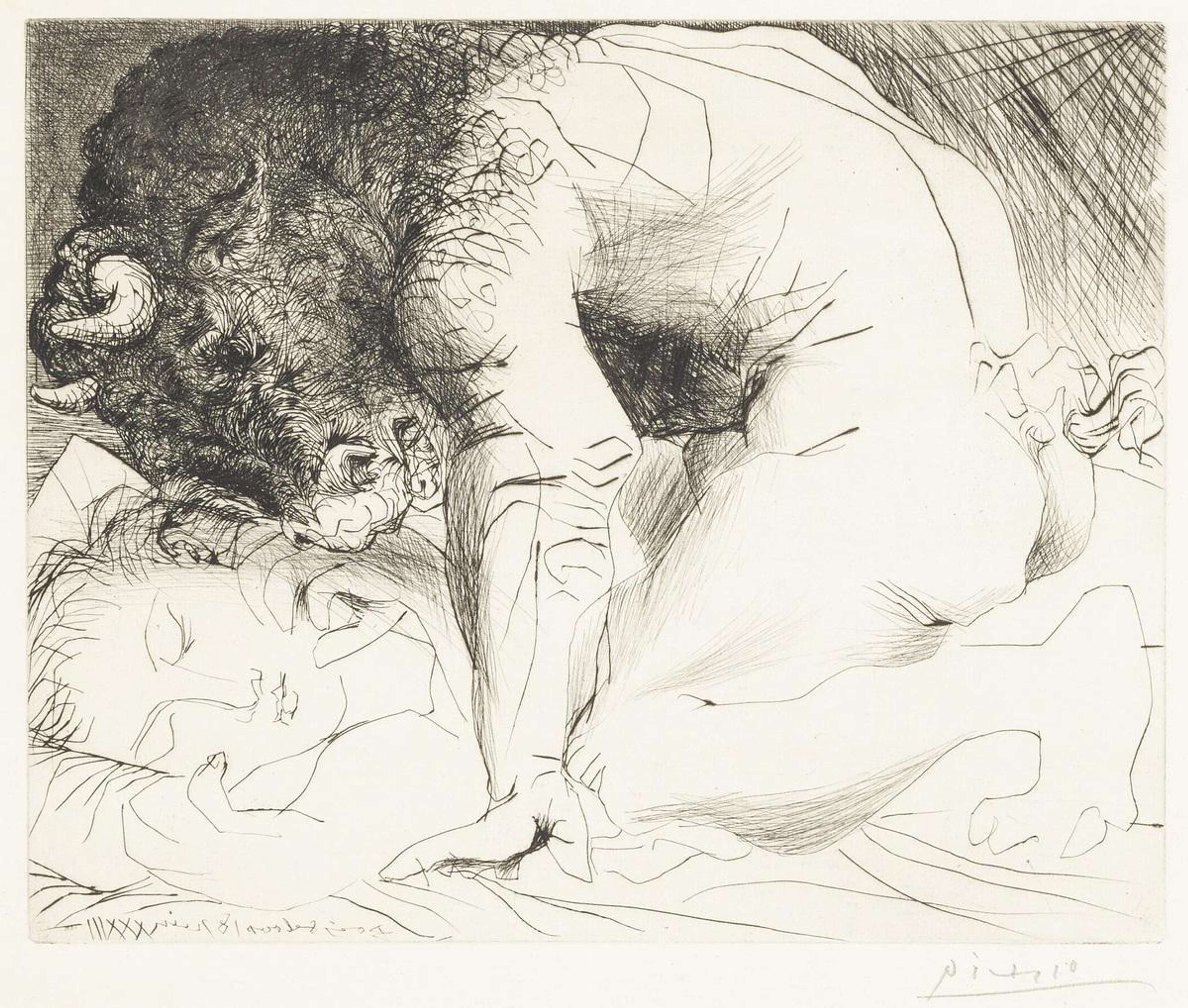 This monochrome print by Pablo Picasso shows a naked Minotaur looming over a sleeping woman.