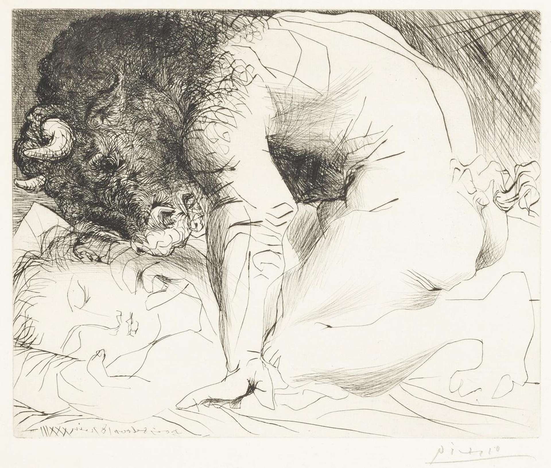 This monochrome print by Pablo Picasso shows a naked Minotaur looming over a sleeping woman.