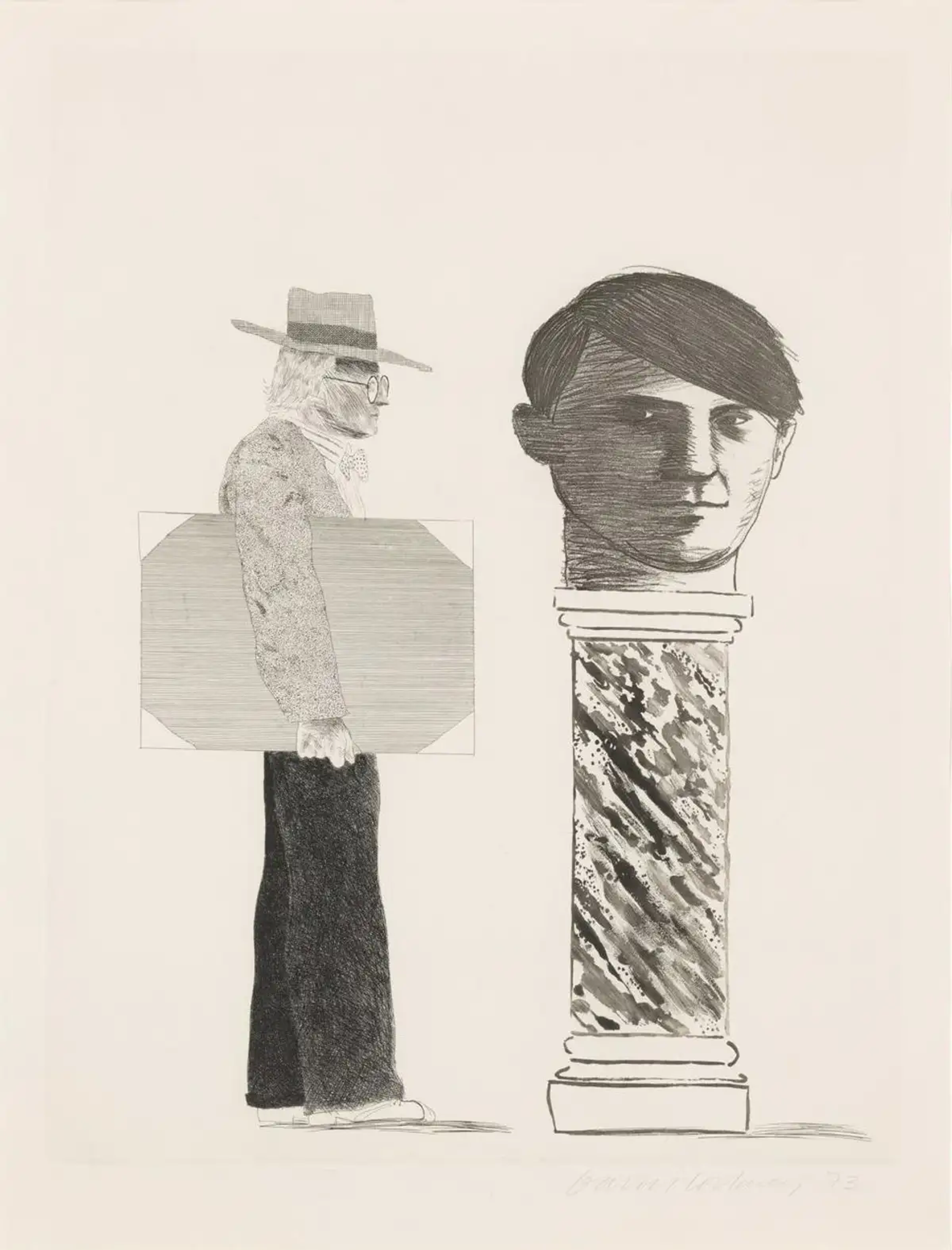 This signed print by much-loved British artist David Hockney is a tribute to Spanish artist Pablo Picasso, it depicts Hockney standing next to a bust of his idol, positioned on an ornate marble plinth.