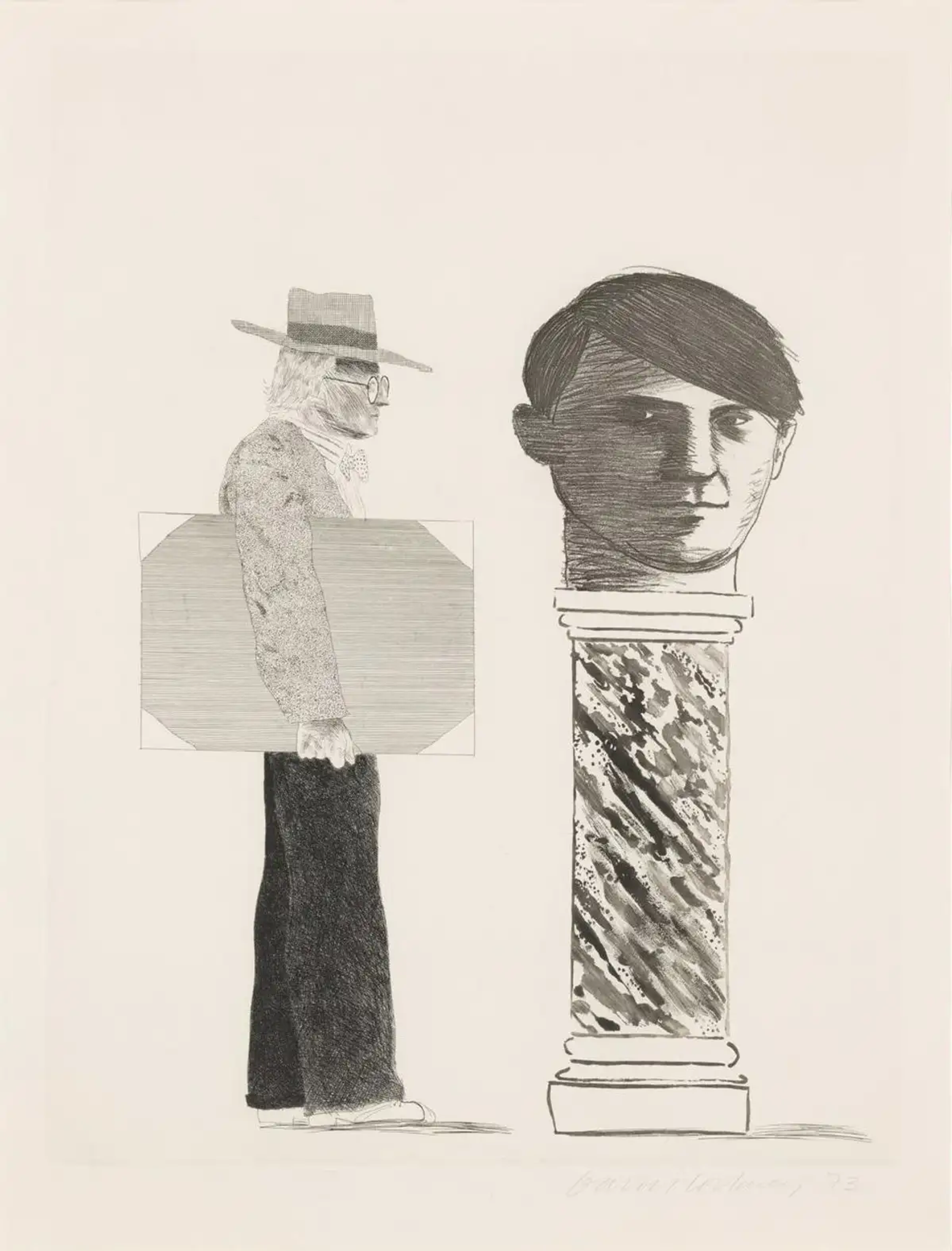 This signed print by much-loved British artist David Hockney is a tribute to Spanish artist Pablo Picasso, it depicts Hockney standing next to a bust of his idol, positioned on an ornate marble plinth.