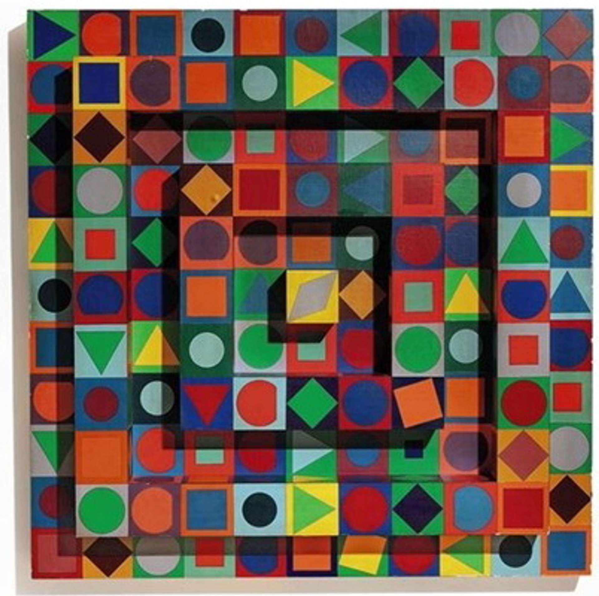 An artwork named "Planetary Folklore" by Victor Vasarely, portraying a balanced composition of mathematical forms and designs in various hues like red, yellow, blue, and green.