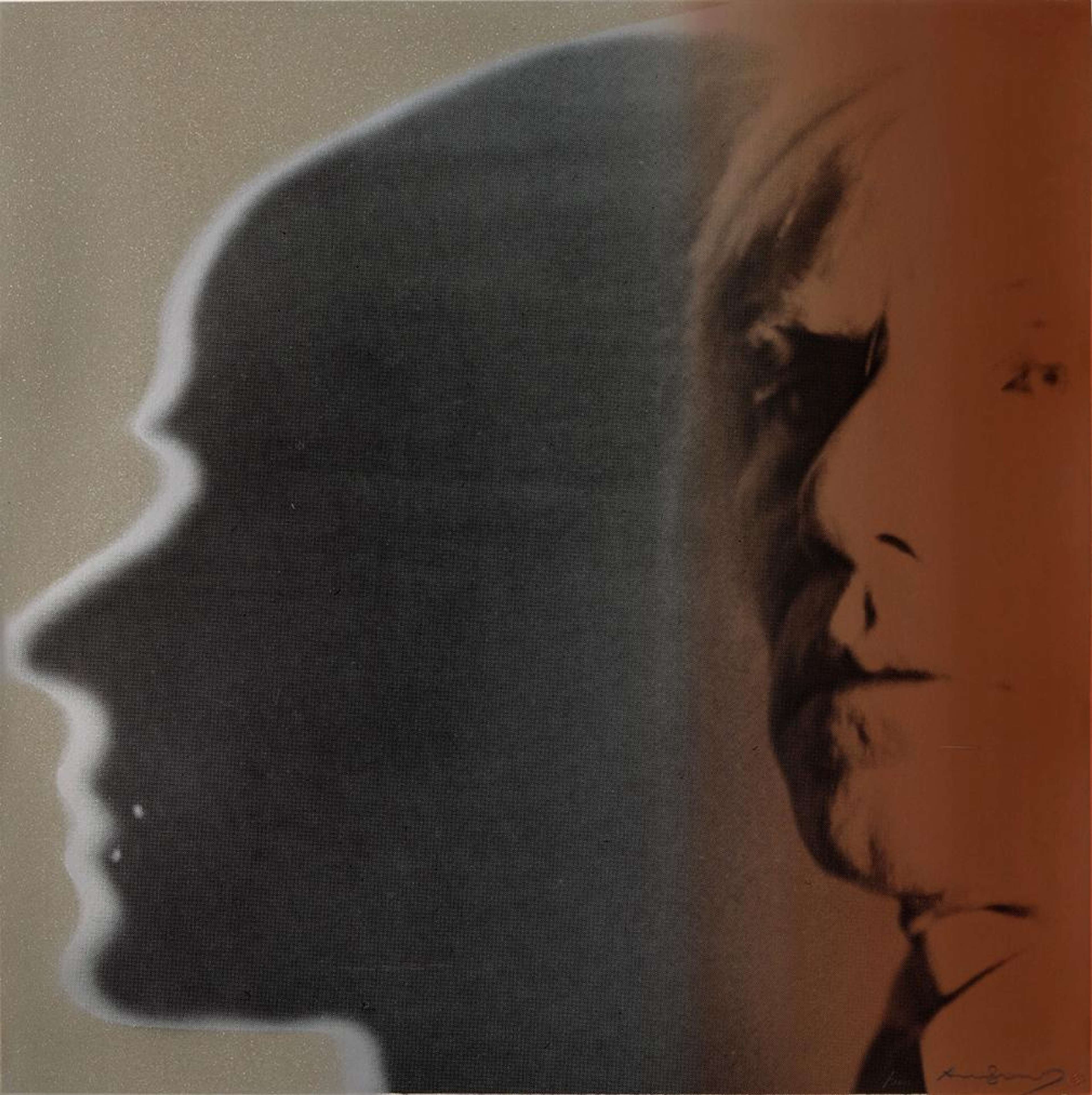 In this print, Warhol renders his portrait in a looser style, delineating the outline of his face with crayon-like blue gestural lines set against a warm red and orange backdrop. Behind Warhol’s portrait is the shadow of another figure’s profile which is staring to the left of the composition.