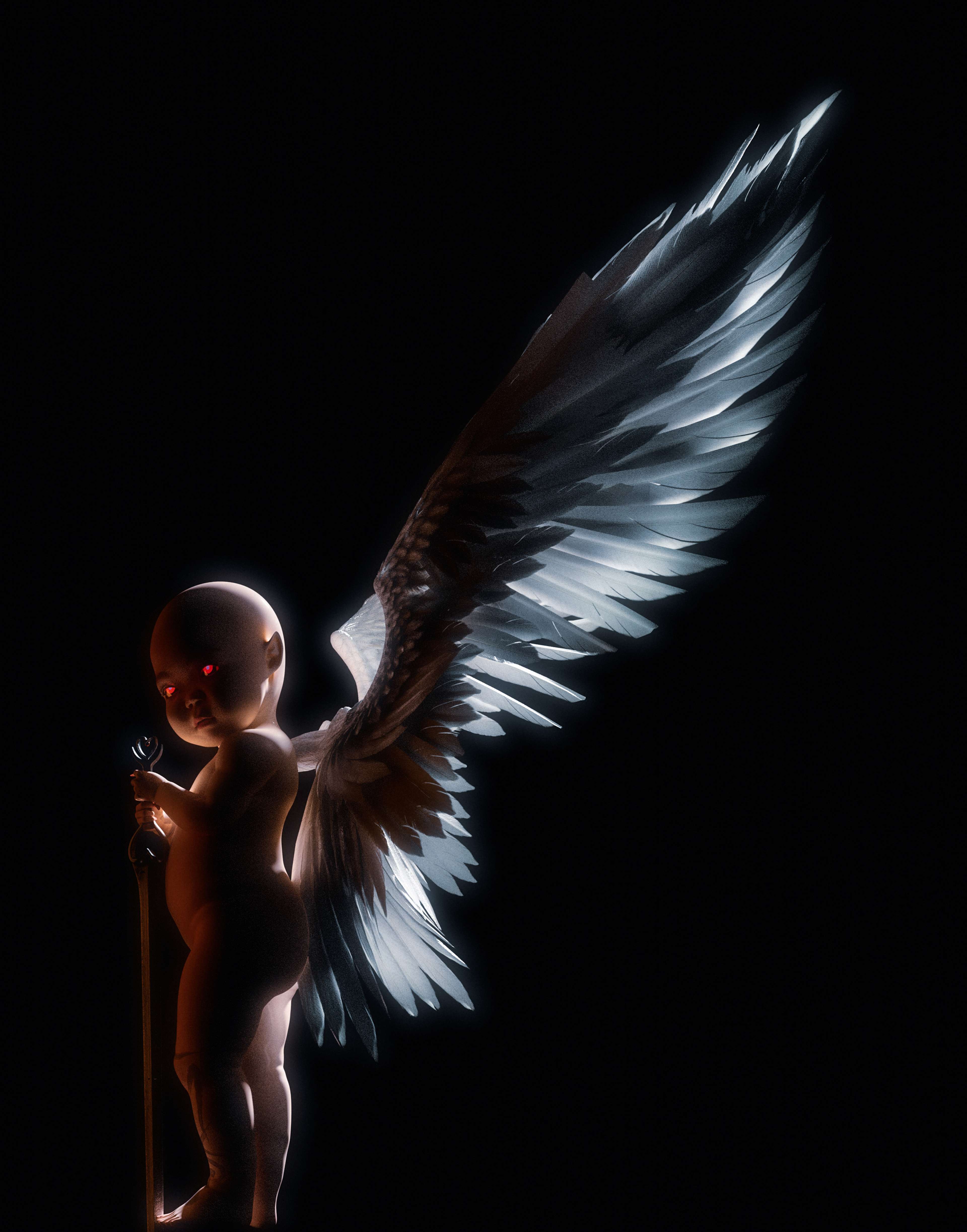 A winged nymph figure with glowing red eyes set against a black background.