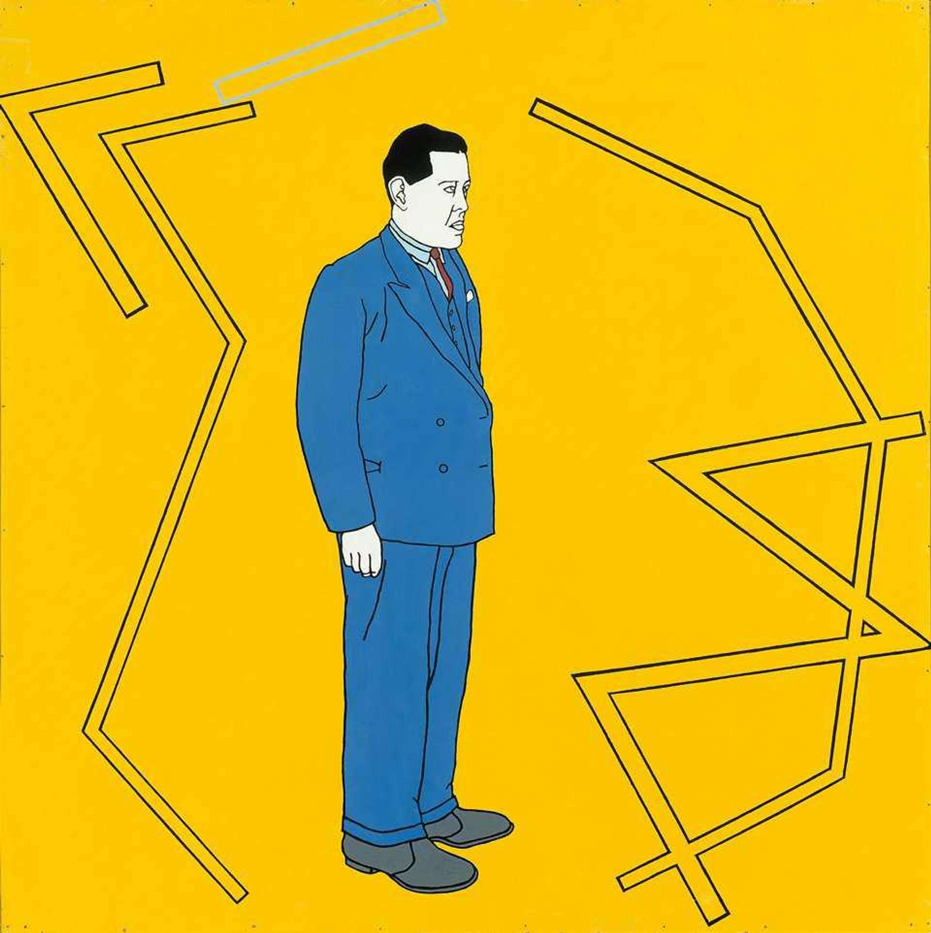 A pop art inspired painted portrait of Juan Gris by the artist Patrick Caulfield, which depicts the artist Juan Gris in blue against a yellow background, surrounded by geometric shapes.