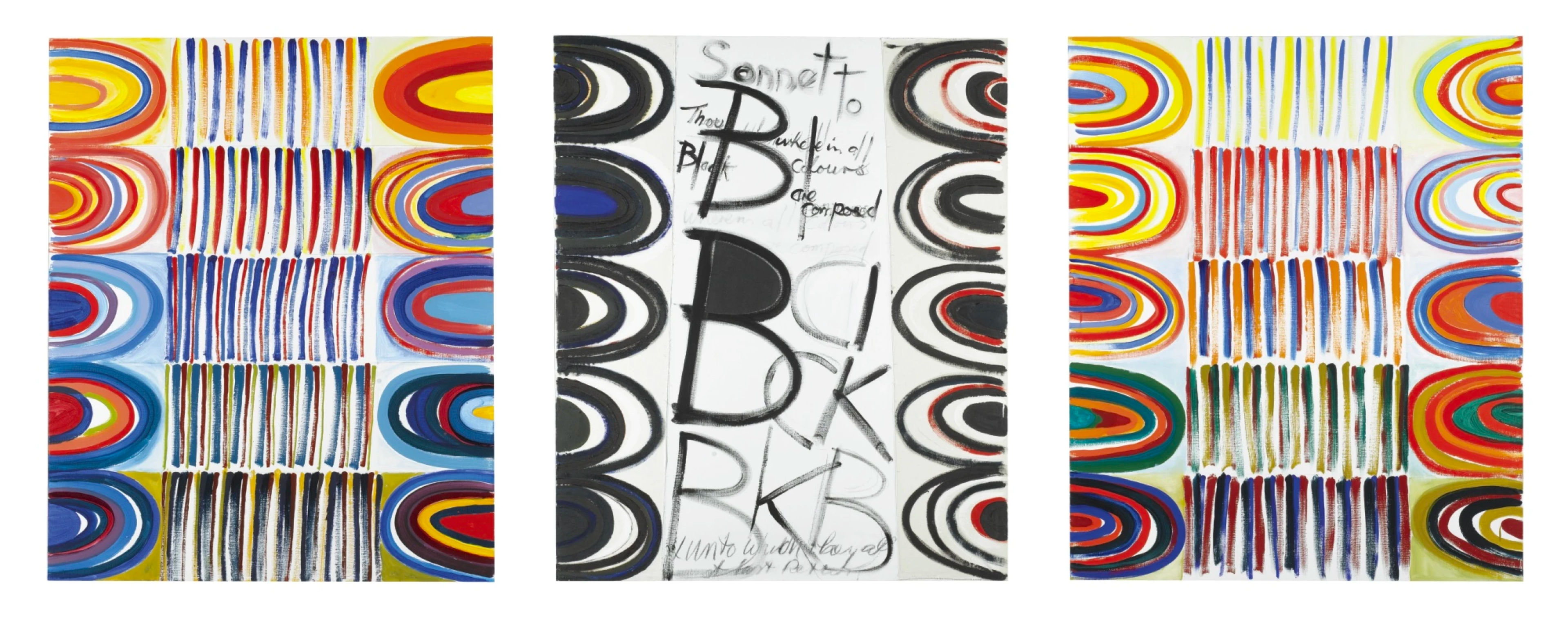 A colourful triptych artwork. The two outer pieces are composed of repeated vertical lines stacked in five rows, accompanied by colourful semicircles on each side. In the middle canvas, semicircles frame both edges, while various letters spelling out the word "black" are repeated throughout the centre.
