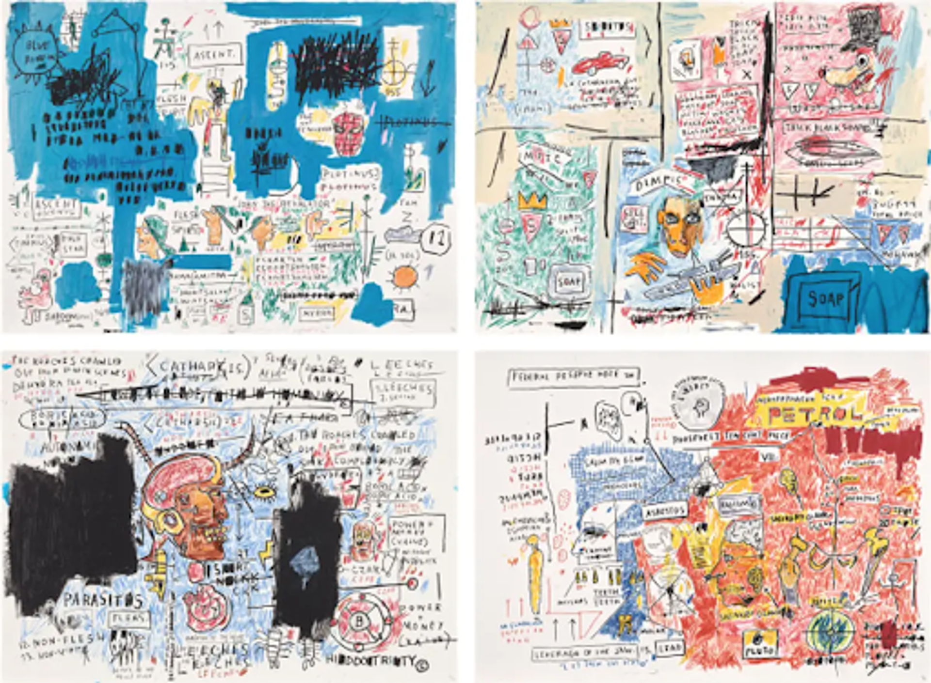 Jean-Michel Basquiat’s Daros Suite. A Neo Expressionist screenprint featuring four of Basquiat’s works in the series: Ascent, Olympic, Leeches, and Liberty. 