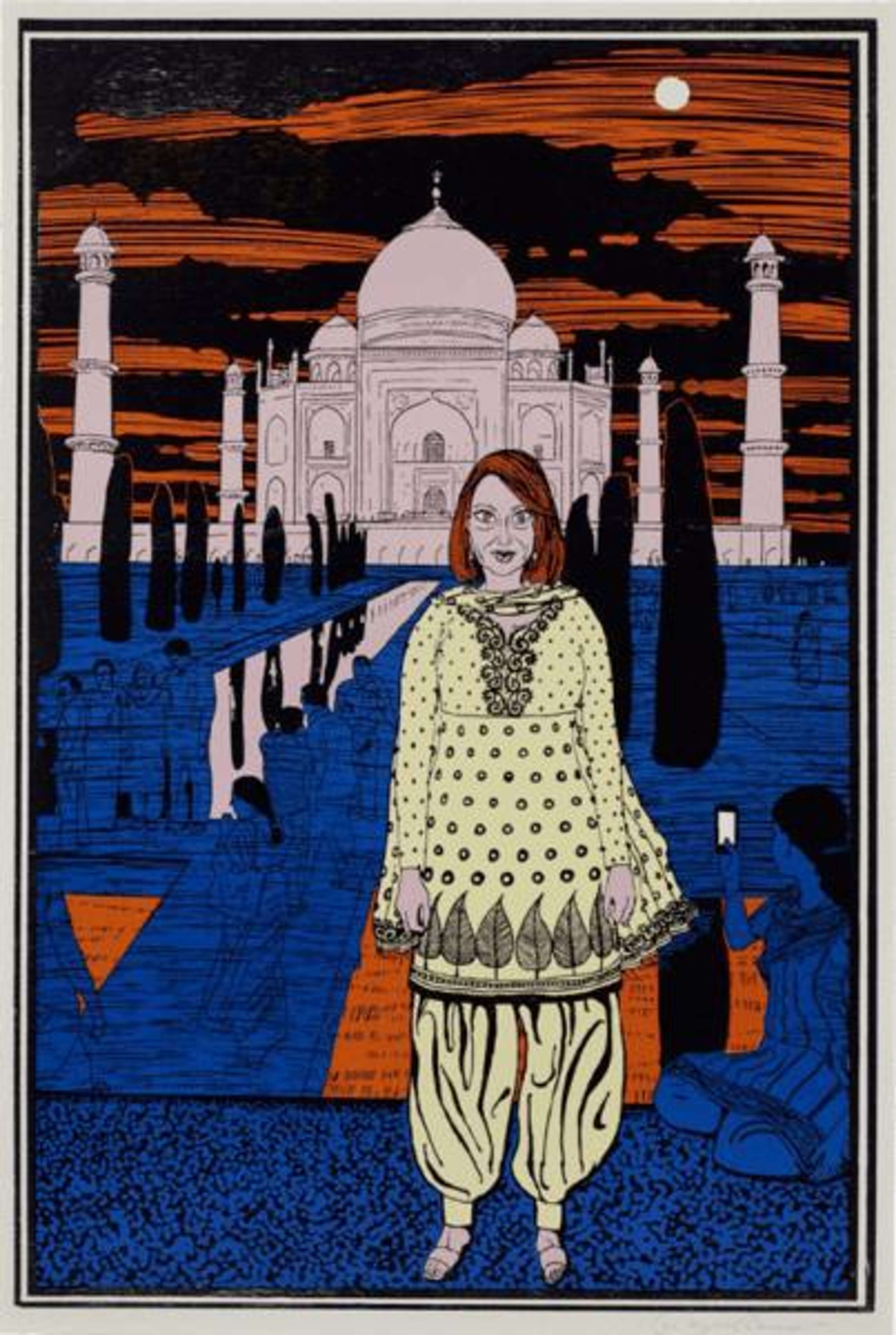 Woodcut print by Grayson Perry depicting his fictional character from Essex, Julie Cope, standing in front of the Taj Mahal, resembling a holiday snapshot.