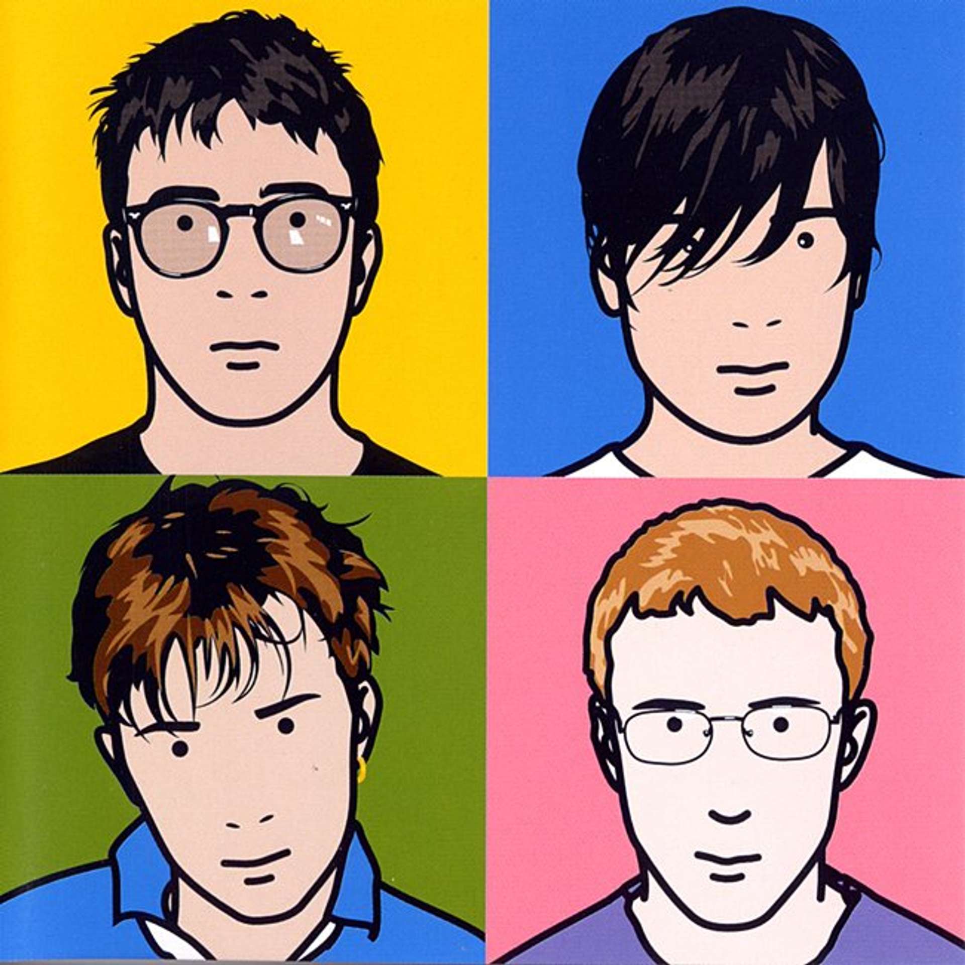 An image of the album cover for Blur: The Best Of, painted by artist Julian Opie. It depicts four individual portraits of the band’s members, in the artist’s signature minimalist and caricatured style. Each figure sits against a distinct solid colour background.