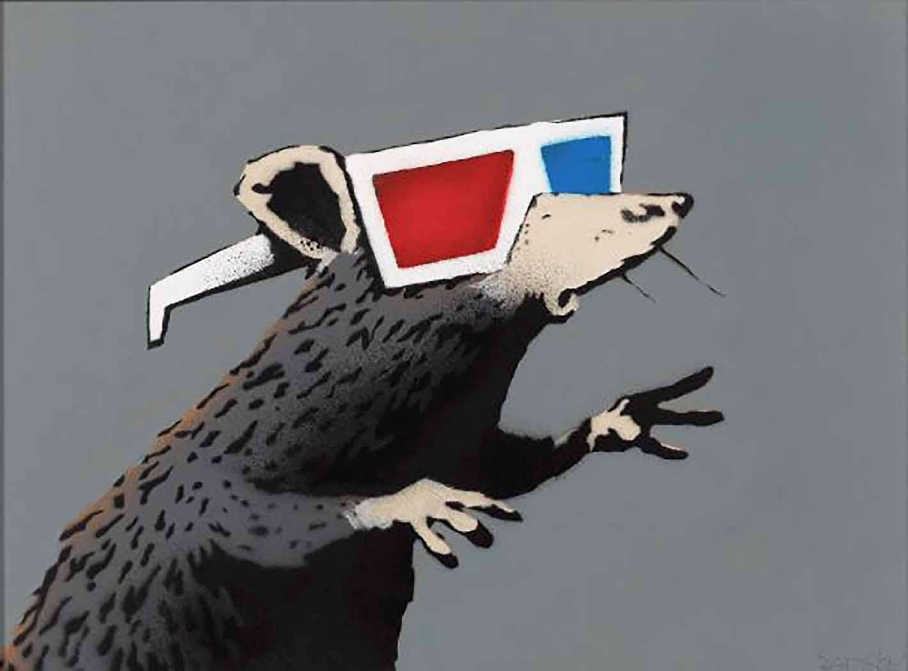 Banksy’s Rat With 3D Glasses. A spray paint work of a rat wearing 3D glasses with blue and red lenses.