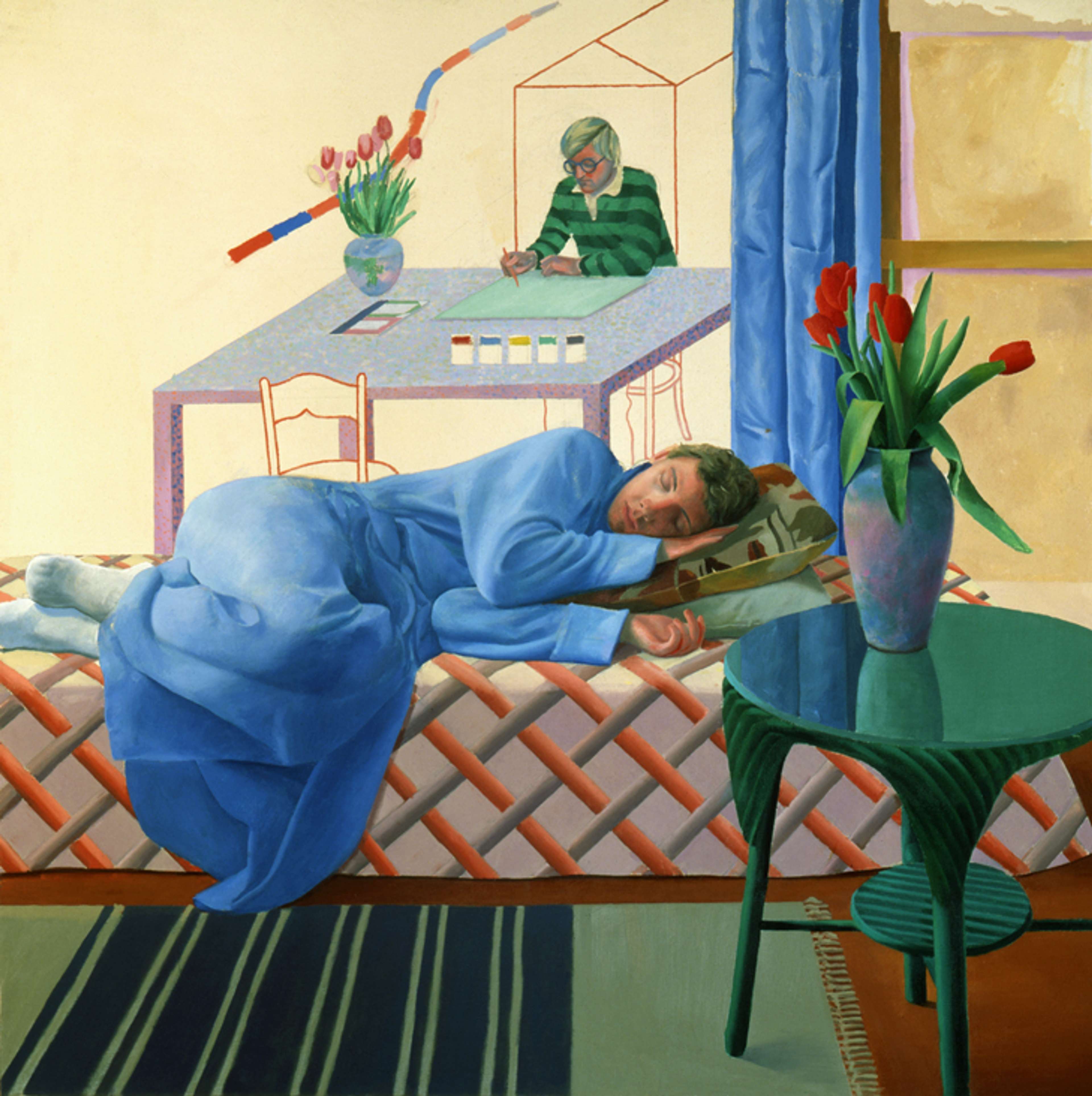 David Hockney’s Model With Unfinished Self-Portrait. An oil on canvas work of a man lying down in bed on his side with David Hockney in the background painting at a desk.